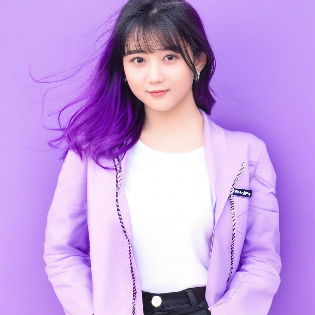 1girl with purple hair and black hair wearing a white top and purple jacket standing in front of a purple background,photo r3al
