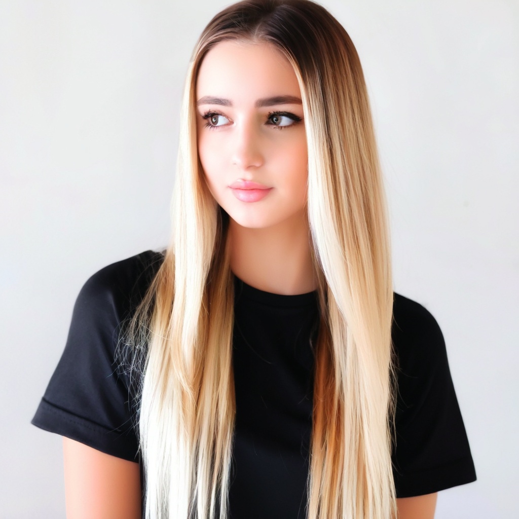 photo r3al 1girl solo long hair shirt blonde hair brown hair closed mouth upper body multicolored hair short sleeves mole two-tone hair black shirt looking to the side grey eyes lips t-shirt realistic mole on neck photorealistic
