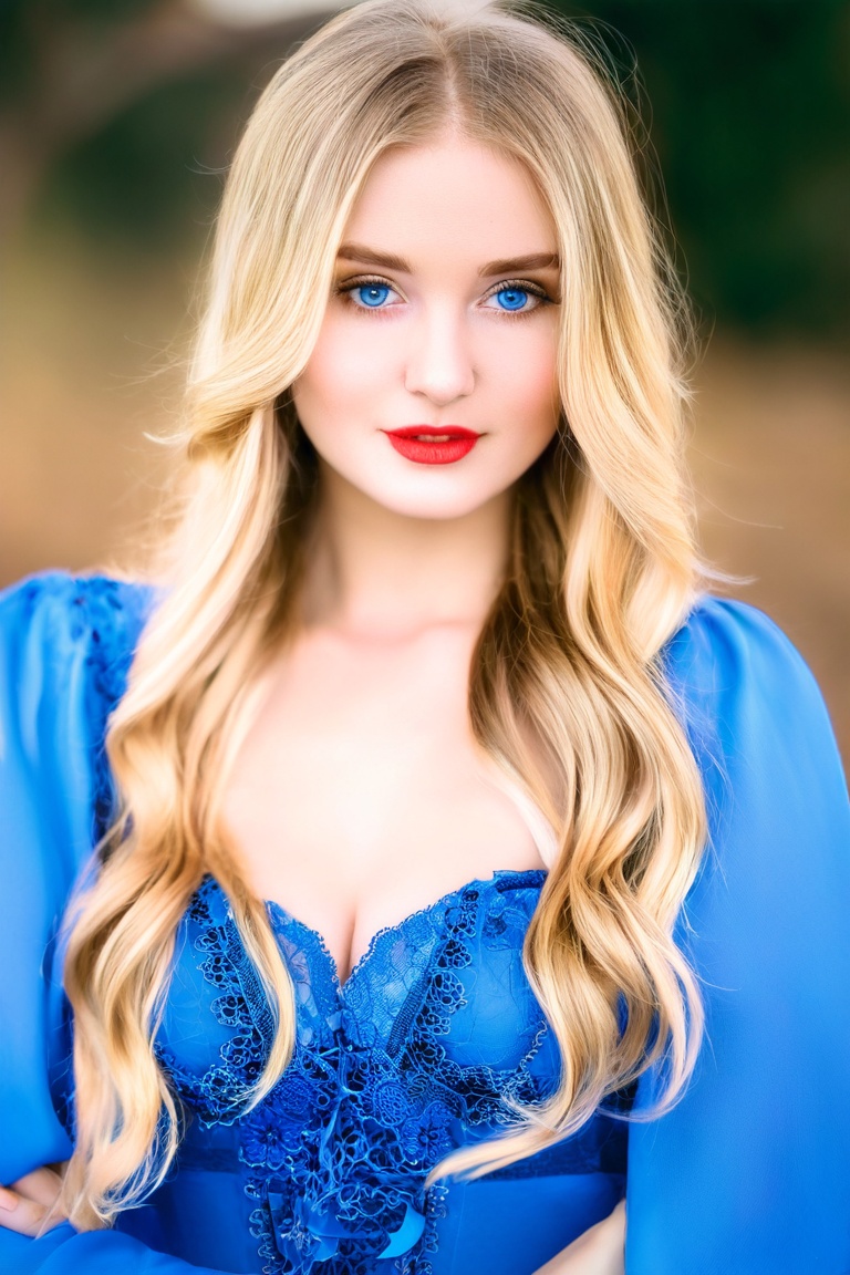  woman, long hair, breasts, looking at viewer, blue eyes, blonde hair, long sleeves, dress, closed mouth, cleavage, collarbone, upper body, blurry, lips, blurry background, blue dress, realistic,photo r3al
