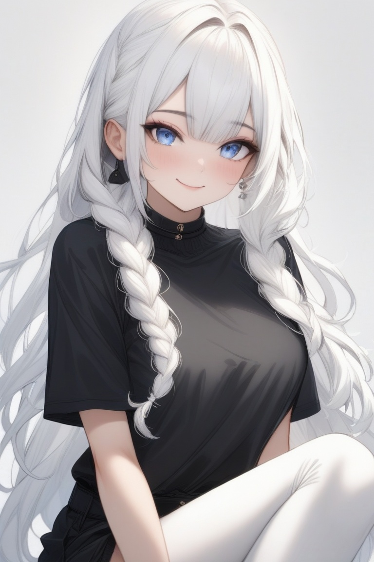 portrait,  a girl with long white hair and blue eyes. she has bangs that frames her beautiful face. she wears a black cola...