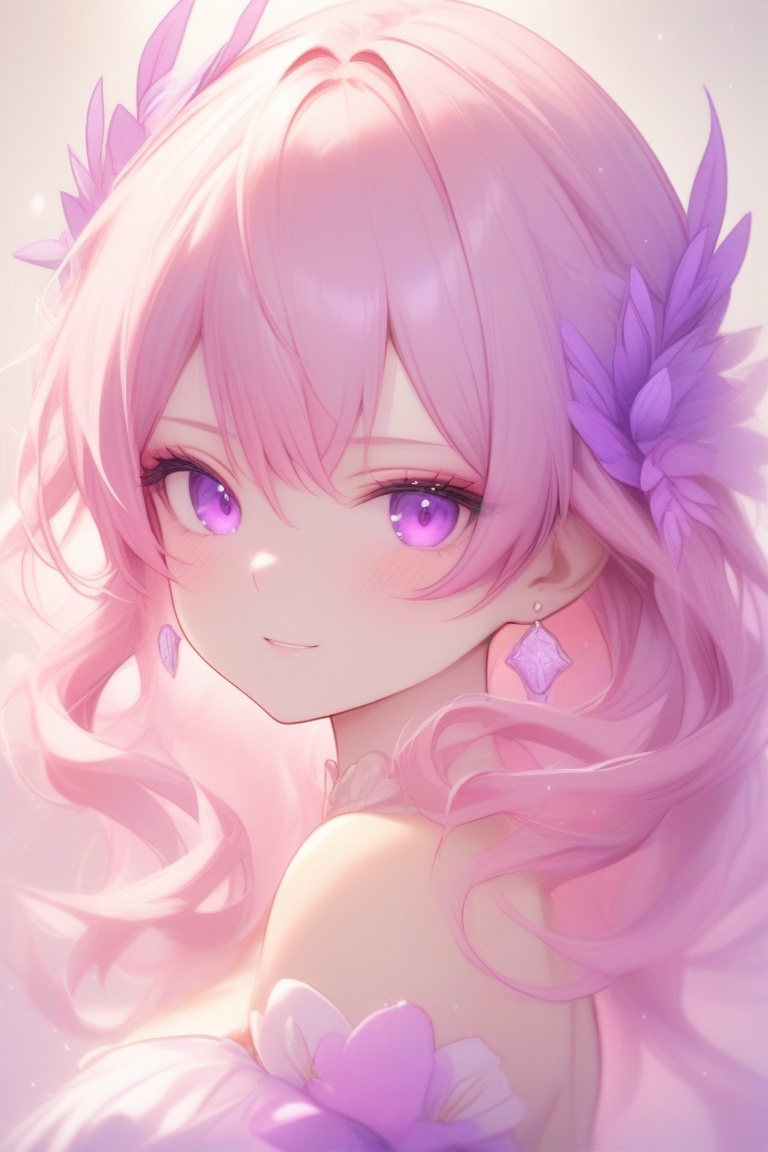 A whimsical portrait of an anime girl with striking features. The framing is tight,  focusing on her enchanting face. Soft...