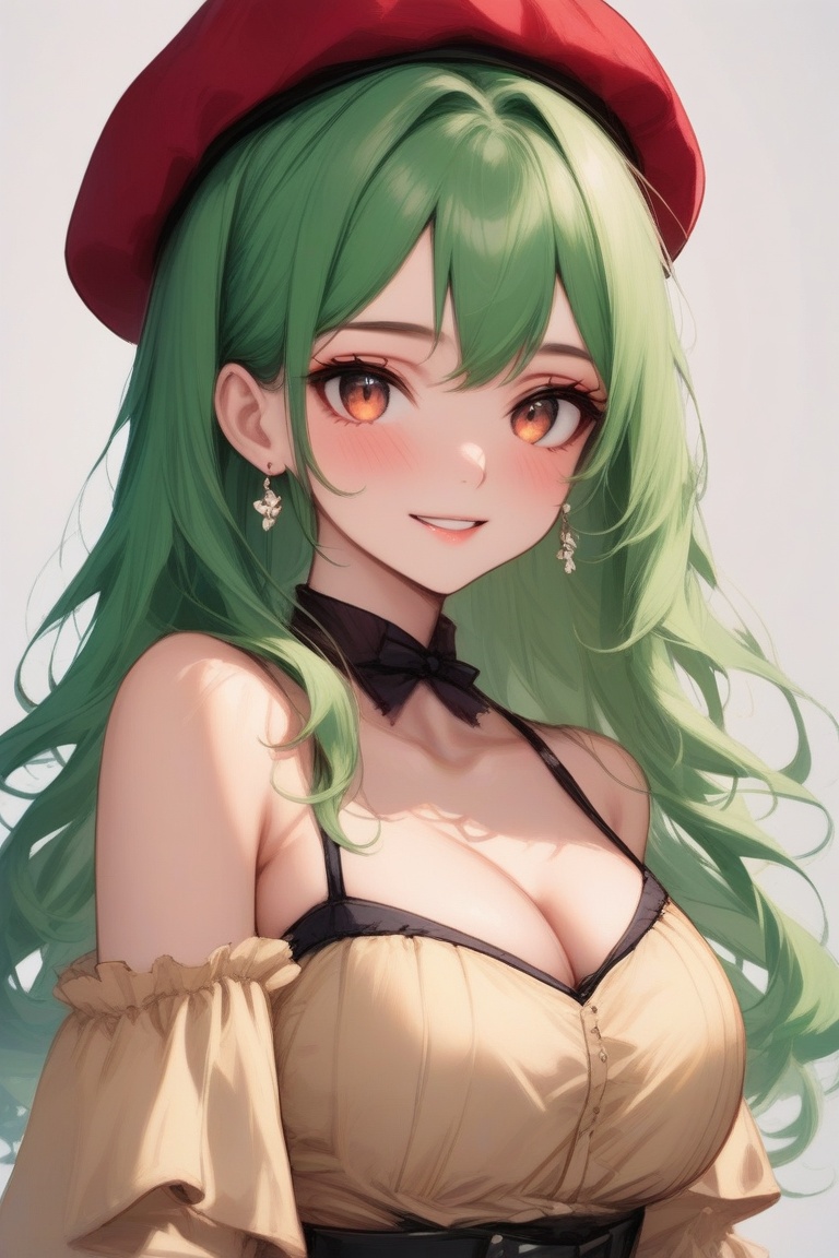 A captivating portrait of a girl with striking features: her vibrant green hair cascades down her back,  while her warm br...