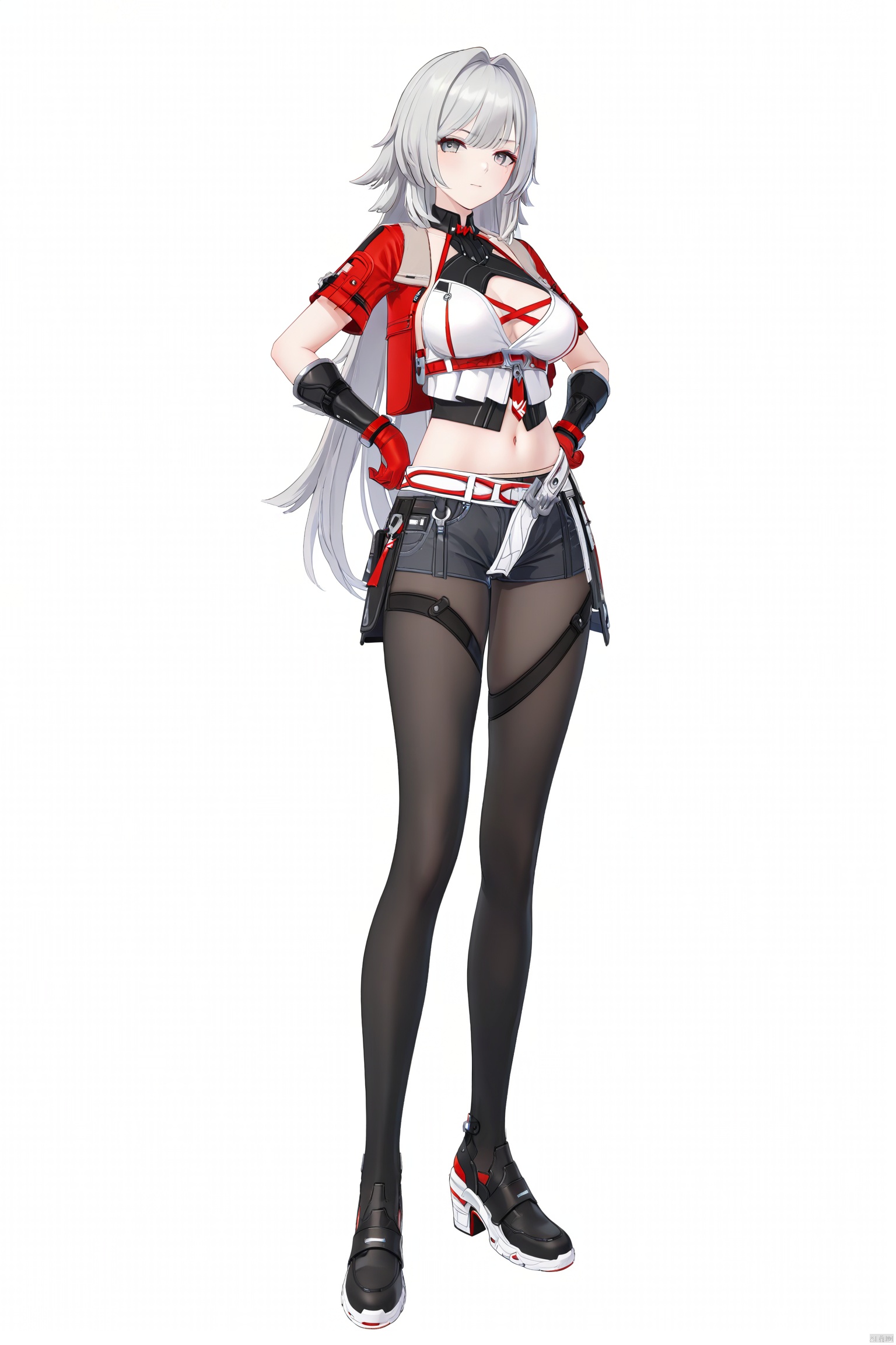 8k, best quality, masterpiece, (ultra-detailed), (white background,simple background:1.3), solo, hands on hip, (full body:1.1), looking at viewer,
------------------------------,
Helia, def clothes, 1girl, gloves, long hair, grey hair, navel, pantyhose, shorts, breasts,
------------------------------,