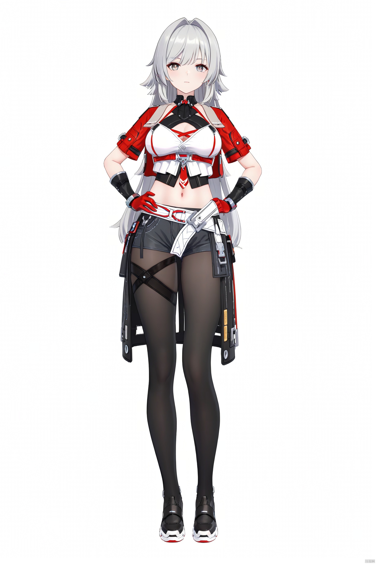 8k, best quality, masterpiece, (ultra-detailed), (white background,simple background:1.3), solo, hands on hip, (full body:1.1), looking at viewer,
------------------------------,
Helia, def clothes, 1girl, gloves, long hair, grey hair, navel, pantyhose, shorts, breasts,
------------------------------,