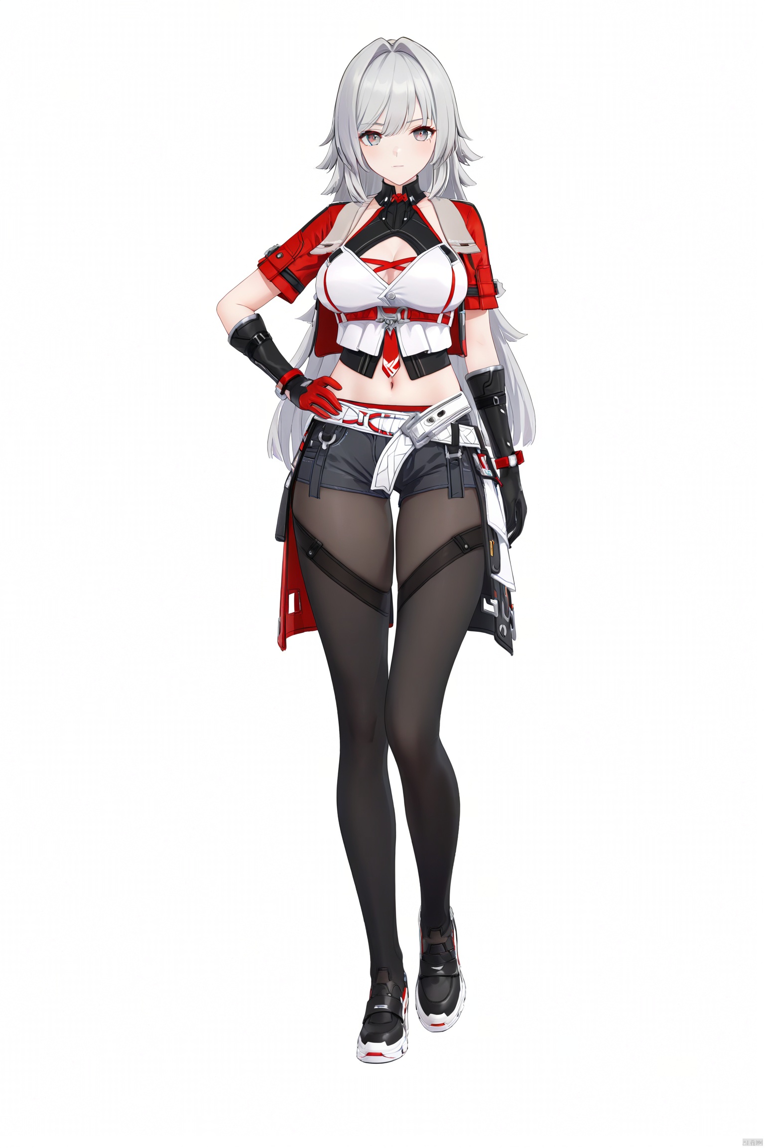 8k, best quality, masterpiece, (ultra-detailed), (white background,simple background:1.3), solo, hands on hip, (full body:1.1), looking at viewer,
------------------------------,
Helia, def clothes, 1girl, gloves, long hair, grey hair, navel, pantyhose, shorts, breasts,
------------------------------,