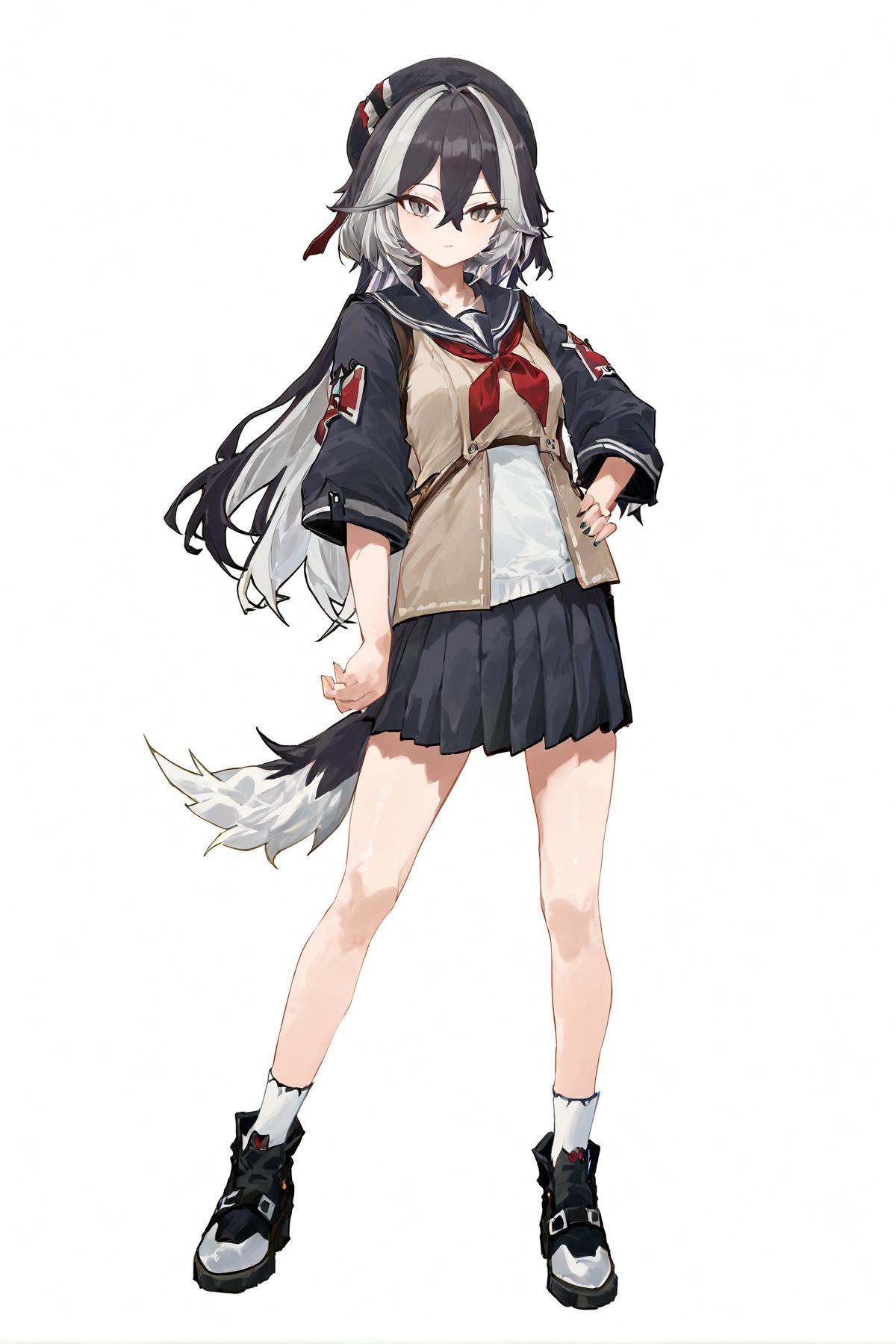 by dain, 8k, best quality, masterpiece, (ultra-detailed:1.1), (high detailed skin), (full body:1.4), white background, standing, looking at viewer, (solo:1.4), hand on hip, <lora:Coralie-kohaku-Tanger:0.75>, Coralie, 1girl, black hair, tail, multicolored hair, white hair, long hair, dog tail, grey eyes, hat, <lora:Broken_school_uniform_XL_2_:0.8>, broken_school_uniform, (white background, simple background:1.3), (beautiful_face), ((intricate_detail)), clear face, ((finely_detailed)), fine_fabric_emphasis, ((glossy)), full_shot, 