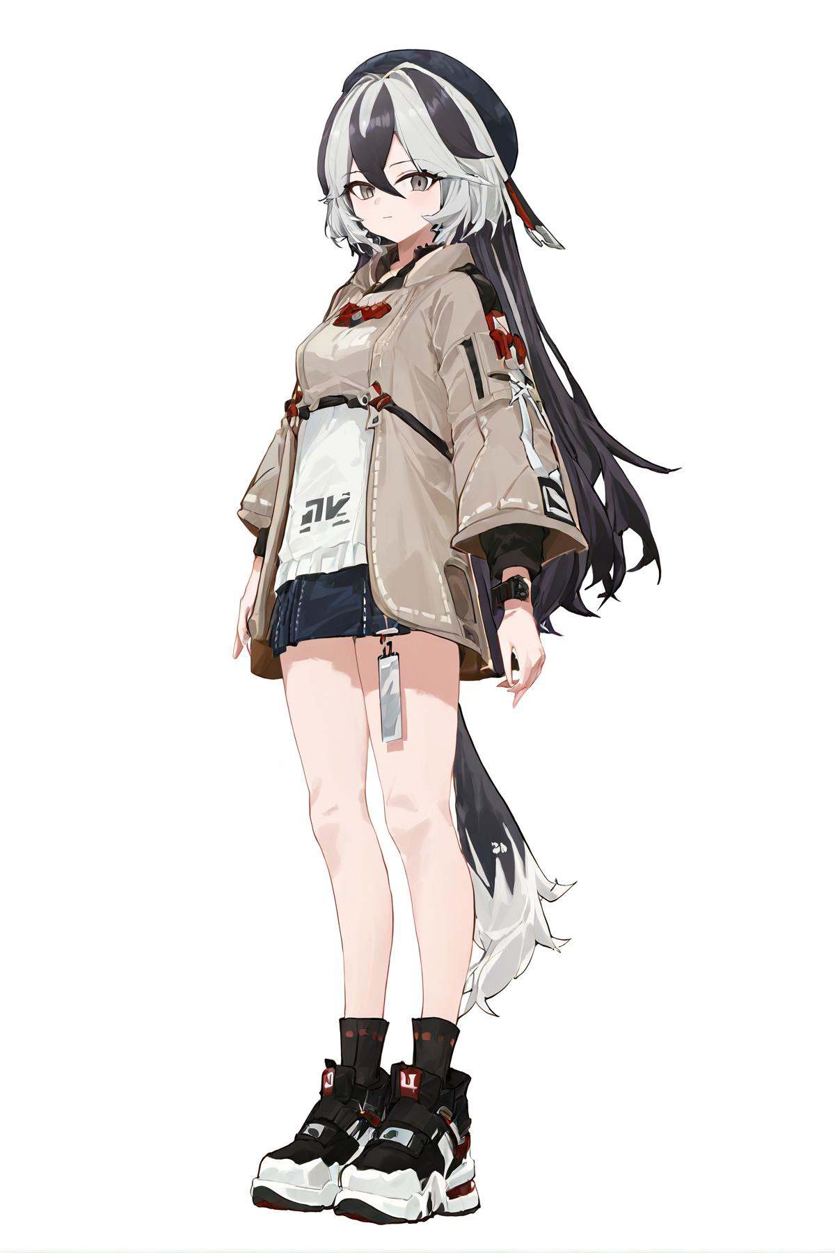 by dain, 8k, best quality, masterpiece, (ultra-detailed:1.1), (high detailed skin), (full body:1.4), white background, standing, looking at viewer, (solo:1.4), hand on hip, <lora:Coralie-kohaku-Tanger:0.8>, Coralie, def clothes, 1girl, black hair, tail, multicolored hair, white hair, long hair, jacket, dog tail, shoes, grey eyes, hat, (white background, simple background:1.3), (beautiful_face), ((intricate_detail)), clear face, ((finely_detailed)), fine_fabric_emphasis, ((glossy)), full_shot, 