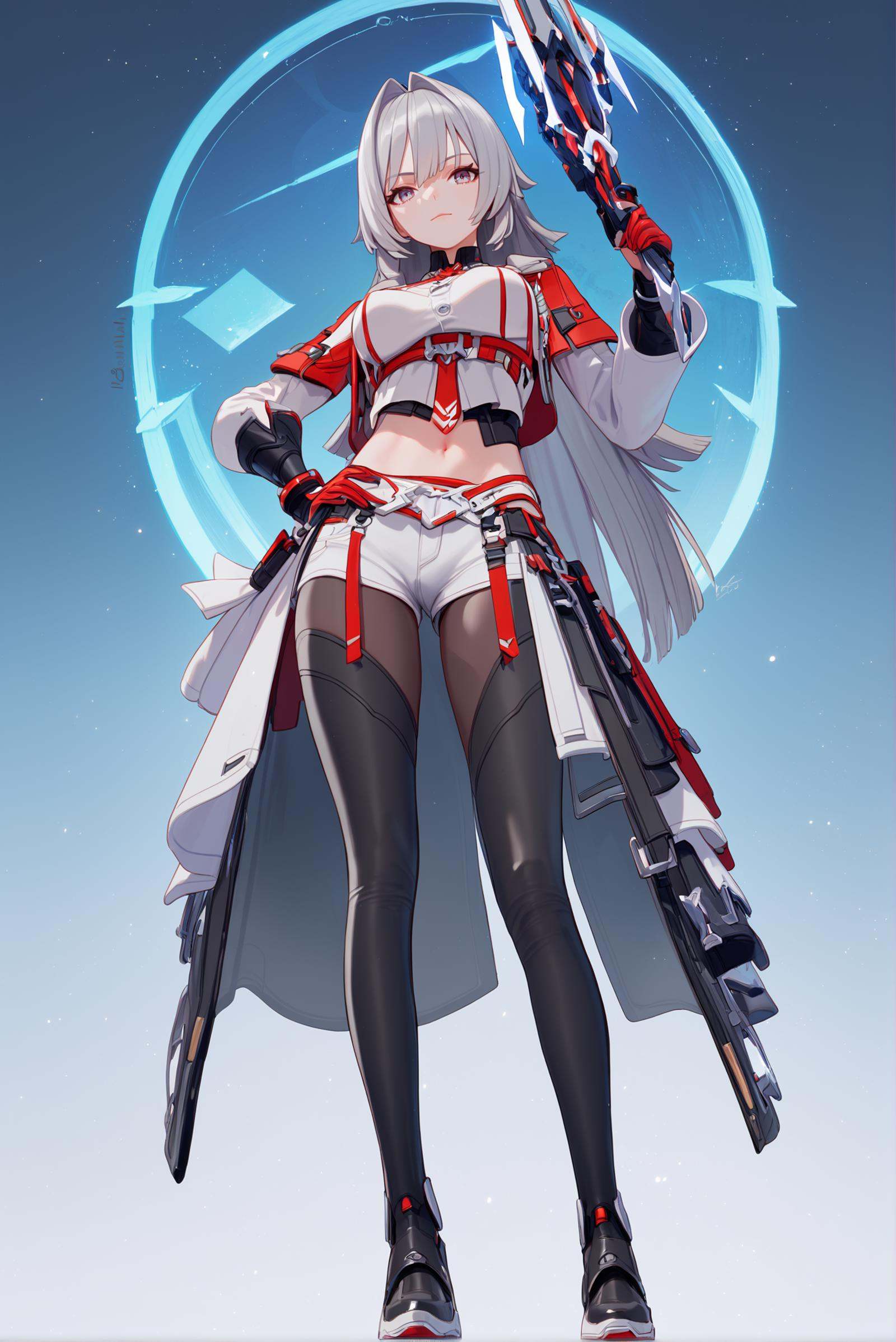 score_9, score_8_up, score_7_up, score_6_up, 8k, 8k, best quality, masterpiece, (ultra-detailed:1.1), (high detailed skin), (full body), ( white background:1.3), standing, looking at viewer, (solo), hand on hip, <lora:Helia-pony-Tanger:0.8>, Helia, def clothes, 1girl, gloves, long hair, grey hair, navel, pantyhose, shorts, breasts, (beautiful_face), clear face, full_shot, 