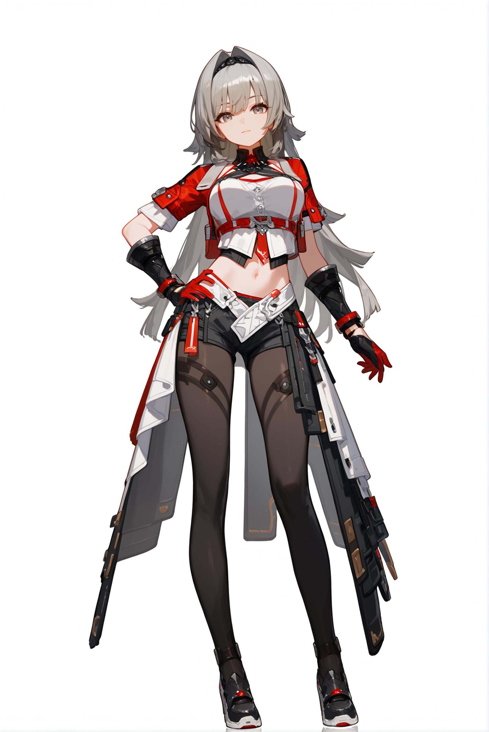 score_9, score_8_up, score_7_up, score_6_up, 8k, 8k, best quality, masterpiece, (ultra-detailed:1.1), (high detailed skin), (full body), ( white background,simple background:1.3), standing, looking at viewer, (solo), hand on hip, <lora:Helia-pony-Tanger:0.8>, Helia, def clothes, 1girl, gloves, long hair, grey hair, navel, pantyhose, shorts, breasts, (beautiful_face), clear face, full_shot, 