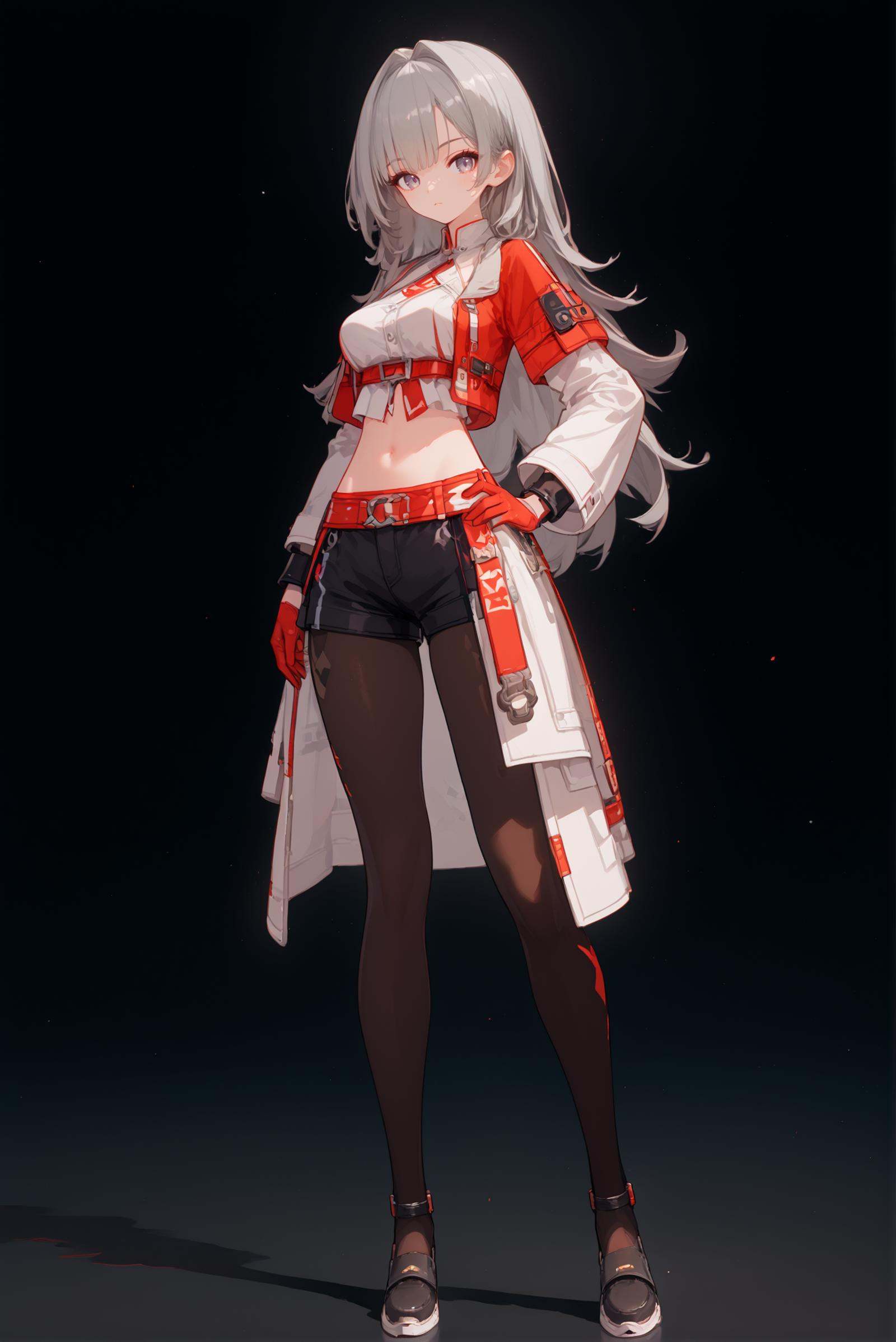 score_9, score_8_up, score_7_up, score_6_up, 8k, 8k, best quality, masterpiece, (ultra-detailed:1.1), (high detailed skin), (full body), ( white background,simple background:1.3), standing, looking at viewer, (solo), hand on hip, <lora:Helia-pony-Tanger:0.8>, Helia, def clothes, 1girl, gloves, long hair, grey hair, navel, pantyhose, shorts, breasts, (beautiful_face), clear face, full_shot, 