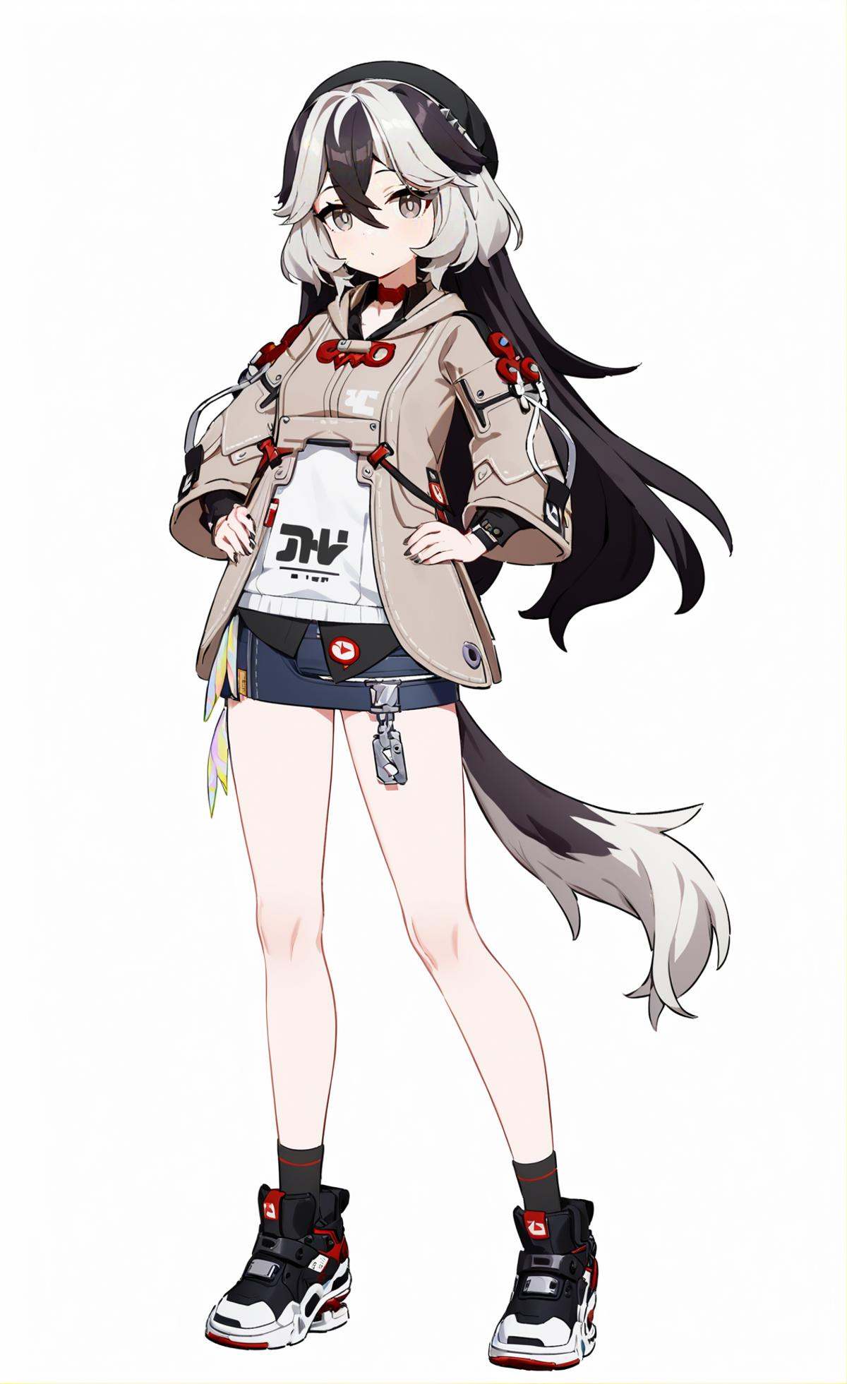 score_9, score_8_up, score_7_up, score_6_up, 8k, 8k, best quality, masterpiece, (ultra-detailed), (high detailed skin), white background, simple background, (full body), (white background), standing, looking at viewer, (solo), hand on hip, <lora:Coralie-A3-Tanger-000012:0.8>, Coralie, def clothes, 1girl, black hair, tail, multicolored hair, white hair, long hair, jacket, dog tail, shoes, grey eyes, 