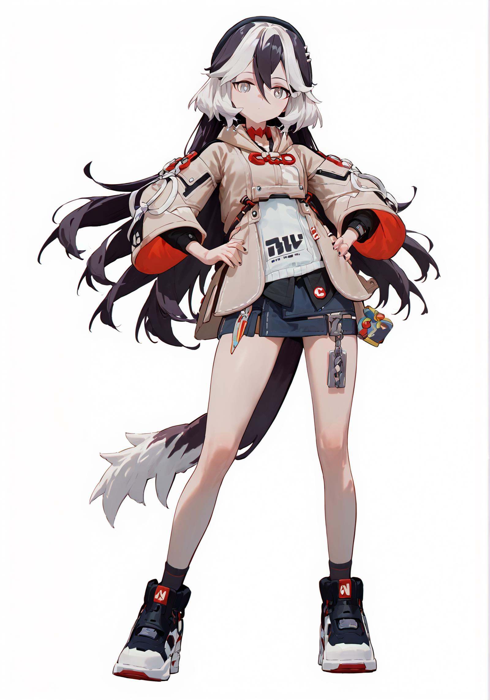 score_9, score_8_up, score_7_up, score_6_up, 8k, 8k, best quality, masterpiece, (ultra-detailed:1.1), (high detailed skin), (full body), ( white background:1.3), standing, looking at viewer, (solo), hand on hip, <lora:Coralie-pony-Tanger:0.8>,  Coralie, def clothes, 1girl, black hair, tail, multicolored hair, white hair, long hair, jacket, dog tail, shoes, grey eyes, (beautiful_face), ((intricate_detail)), clear face, ((finely_detailed)), fine_fabric_emphasis, ((glossy)), full_shot, 