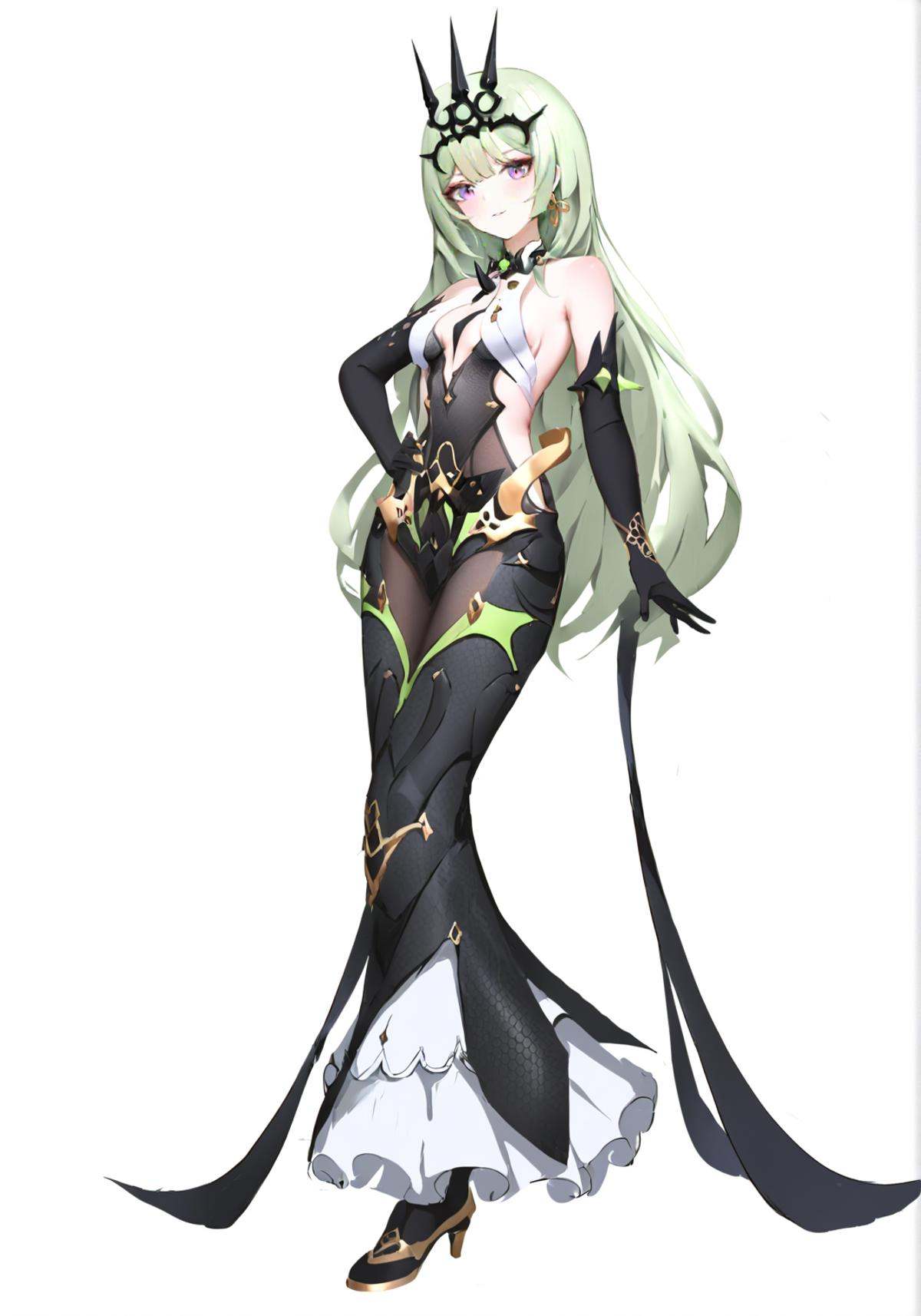 art by komone_ushio, {arsist:chen bin}, [[artist:fkey]], artist:ask (askzy), artist:wlop, artist:reoen, artist:cui (jidanhaidaitang), artist:modare, artist:asakuraf, artist:void_0, artist:miv4t, artist:as109, 8k, best quality, masterpiece, (ultra-detailed), (high detailed skin), white background, simple background, (full body), (white background), standing, looking at viewer, (solo), hand on hip, <lora:mobius-kohaku-Tanger-000008:0.8>, mobius, mobius's def clothes, black Trident Crown, 1girl, gloves, long hair, green hair, black gloves, black dress, earrings, vertical pupil, purple eyes, beautiful_face, intricate_detail, clear face, finely_detailed, fine_fabric_emphasis, full_shot, 