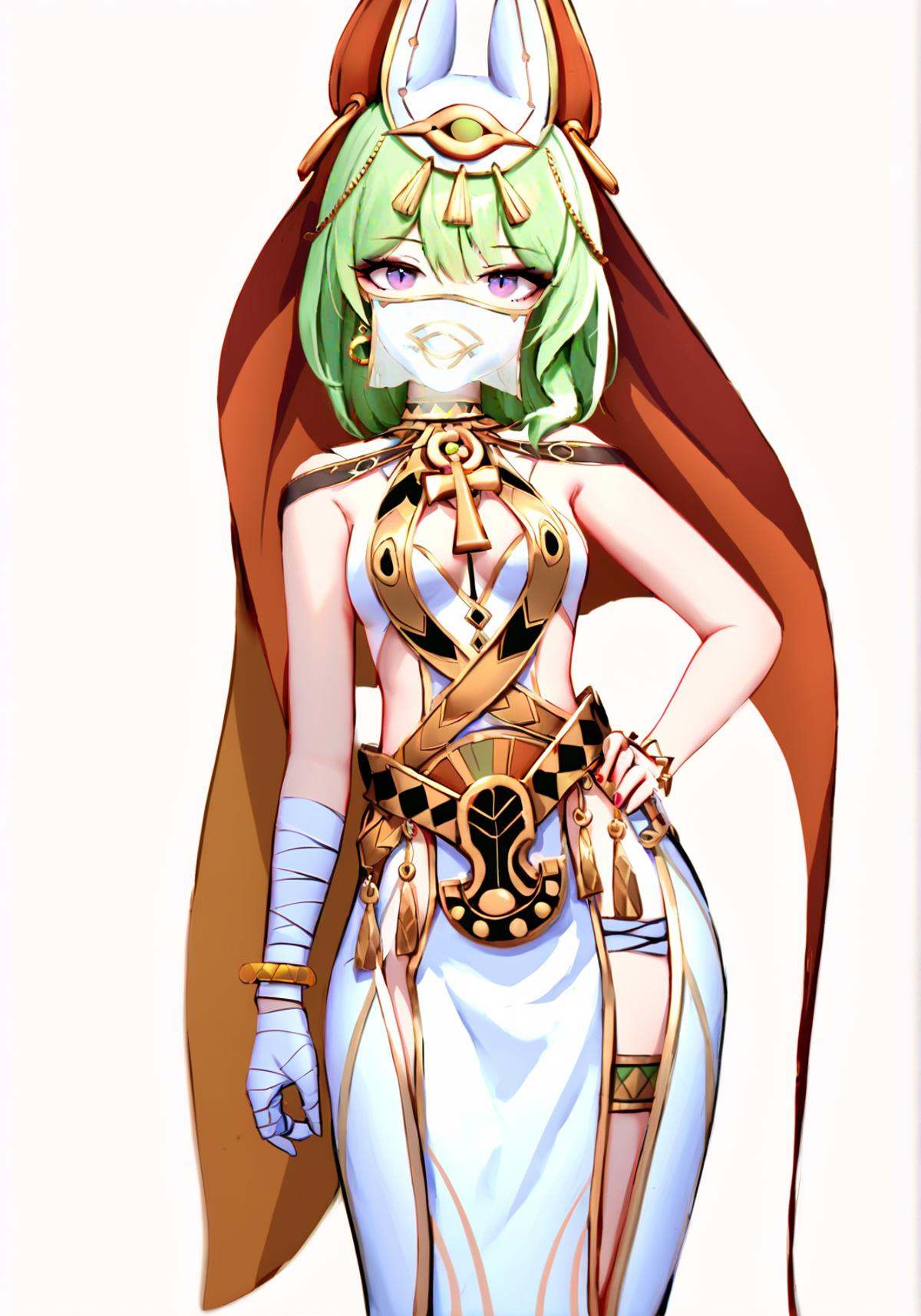 art by komone_ushio, {arsist:chen bin}, [[artist:fkey]], artist:ask (askzy), artist:wlop, artist:reoen, artist:cui (jidanhaidaitang), artist:modare, artist:asakuraf, artist:void_0, artist:miv4t, artist:as109, 8k, best quality, masterpiece, (ultra-detailed), (high detailed skin), white background, simple background, (full body), (white background), standing, looking at viewer, (solo), hand on hip, <lora:mobius-kohaku-Tanger-000008:0.8>, mobius, mobius's egyptian clothes, cat ears hood, 1girl, green hair, jewelry, white dress, bracelet, veil, bandages, vertical pupil, purple eyes,, beautiful_face, intricate_detail, clear face, finely_detailed, fine_fabric_emphasis, full_shot, 