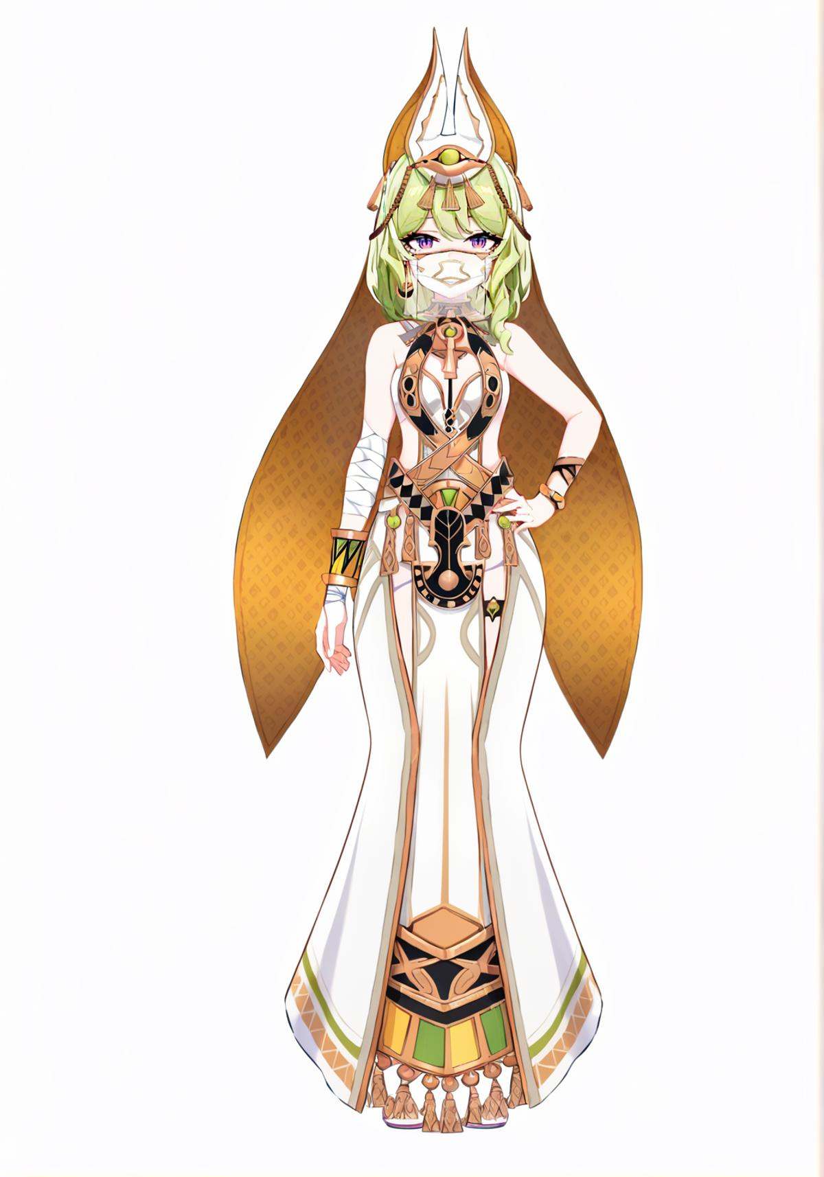 score_9, score_8_up, score_7_up, score_6_up, 8k, 8k, best quality, masterpiece, (ultra-detailed), (high detailed skin), white background, simple background, (full body), (white background), standing, looking at viewer, (solo), hand on hip, <lora:mobiusre-A3-Tanger:0.8>,mobius, mobius's egyptian clothes, cat ears hood, 1girl, green hair, jewelry, white dress, bracelet, veil, bandages, vertical pupil, purple eyes, beautiful_face, intricate_detail, clear face, finely_detailed, fine_fabric_emphasis, full_shot, 