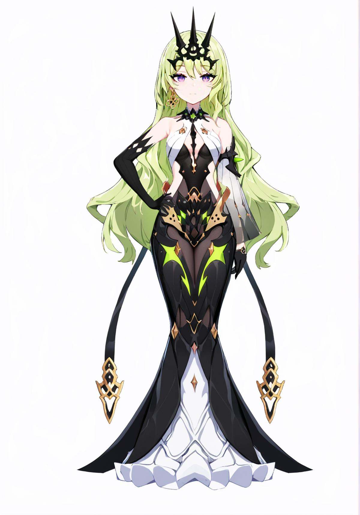 score_9, score_8_up, score_7_up, score_6_up, 8k, 8k, best quality, masterpiece, (ultra-detailed), (high detailed skin), white background, simple background, (full body), (white background), standing, looking at viewer, (solo), hand on hip, <lora:mobiusre-A3-Tanger:0.8>, mobius, mobius's def clothes, black Trident Crown, 1girl, gloves, long hair, green hair, black gloves, black dress, earrings, vertical pupil, purple eyes, beautiful_face, intricate_detail, clear face, finely_detailed, fine_fabric_emphasis, full_shot, 