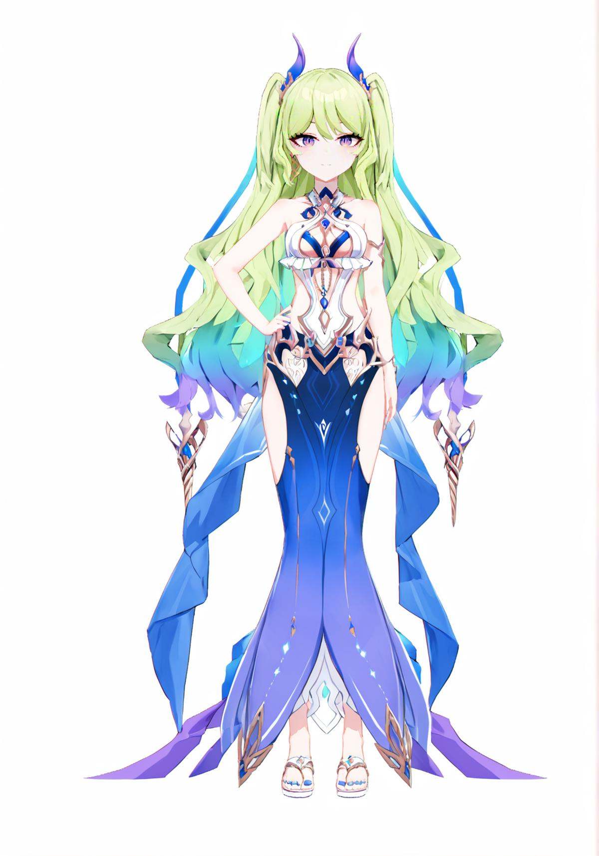 score_9, score_8_up, score_7_up, score_6_up, 8k, 8k, best quality, masterpiece, (ultra-detailed), (high detailed skin), white background, simple background, (full body), (white background), standing, looking at viewer, (solo), hand on hip, <lora:mobiusre-A3-Tanger:0.8>, mobius, mobius's swimsuit, 1girl, breasts, long hair, green hair, multicolored hair, blue dress, twintails, blue horn hair ornaments, vertical pupil, purple eyes, beautiful_face, intricate_detail, clear face, finely_detailed, fine_fabric_emphasis, full_shot, 