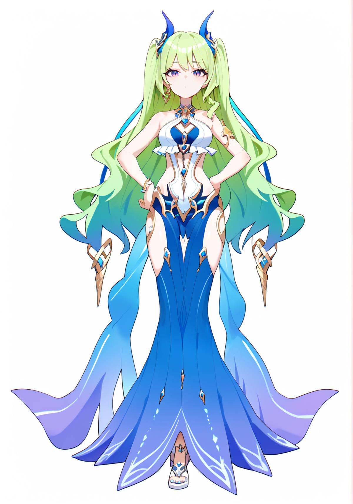 score_9, score_8_up, score_7_up, score_6_up, 8k, 8k, best quality, masterpiece, (ultra-detailed), (high detailed skin), white background, simple background, (full body), (white background), standing, looking at viewer, (solo), hand on hip, <lora:mobius-pony-Tanger:0.75>, mobius, mobius's swimsuit, 1girl, breasts, long hair, green hair, multicolored hair, blue dress, twintails, blue horn hair ornaments, vertical pupil, purple eyes, beautiful_face, intricate_detail, clear face, finely_detailed, fine_fabric_emphasis, full_shot, 