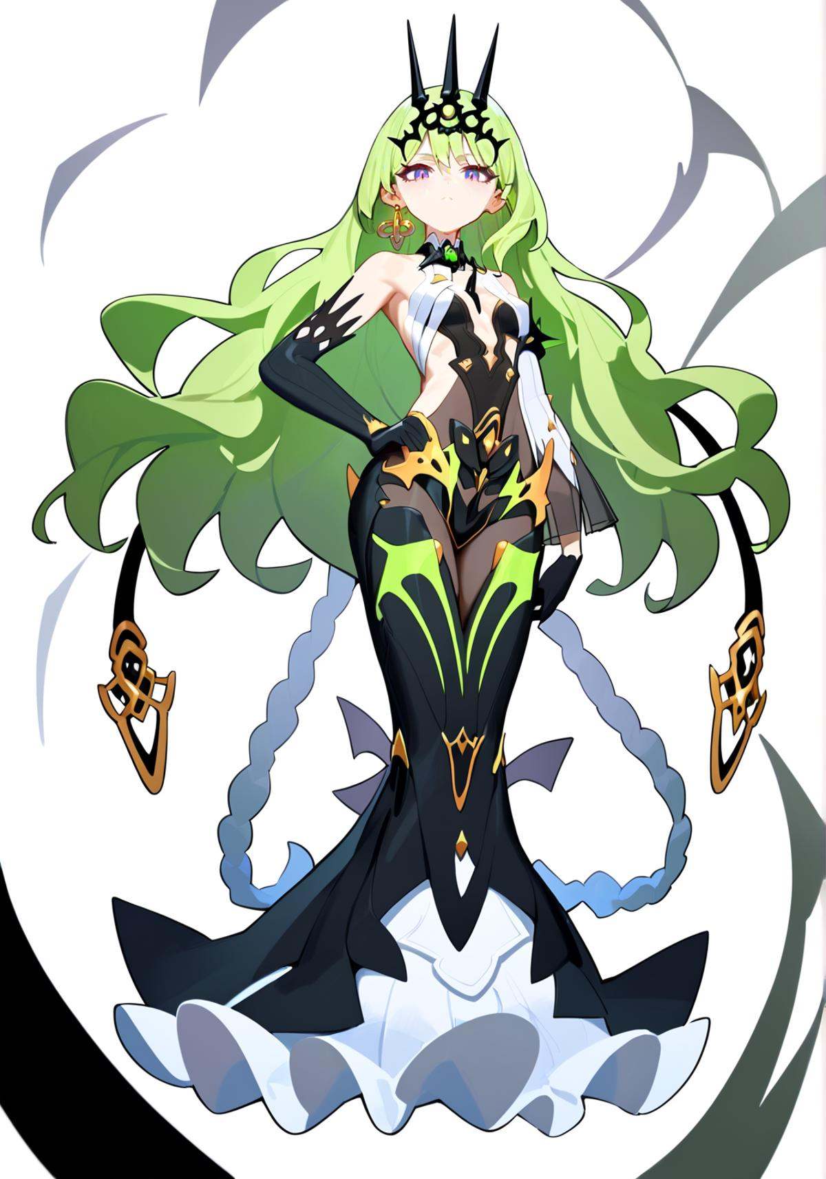 score_9, score_8_up, score_7_up, score_6_up, 8k, 8k, best quality, masterpiece, (ultra-detailed), (high detailed skin), white background, simple background, (full body), (white background), standing, looking at viewer, (solo), hand on hip, <lora:mobius-pony-Tanger:0.75>, mobius, mobius's def clothes, black Trident Crown, 1girl, gloves, long hair, green hair, black gloves, black dress, earrings, vertical pupil, purple eyes, beautiful_face, intricate_detail, clear face, finely_detailed, fine_fabric_emphasis, full_shot, 
