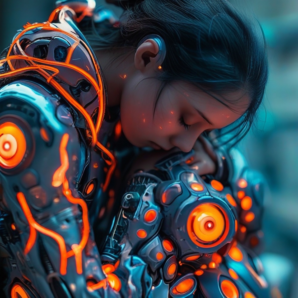 Detailed photography cybernetic girl,  a futuristic warrior,  clad in advanced cybernetic armor with vibrant orange accent...