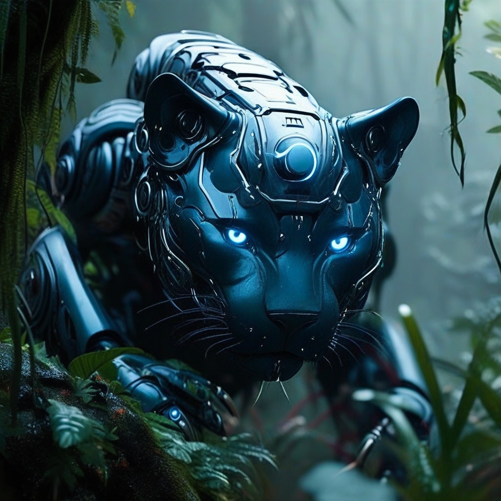 A futuristic cybernetic panther with sleek,  metallic fur blends into the dense underbrush of a misty jungle. The air is t...