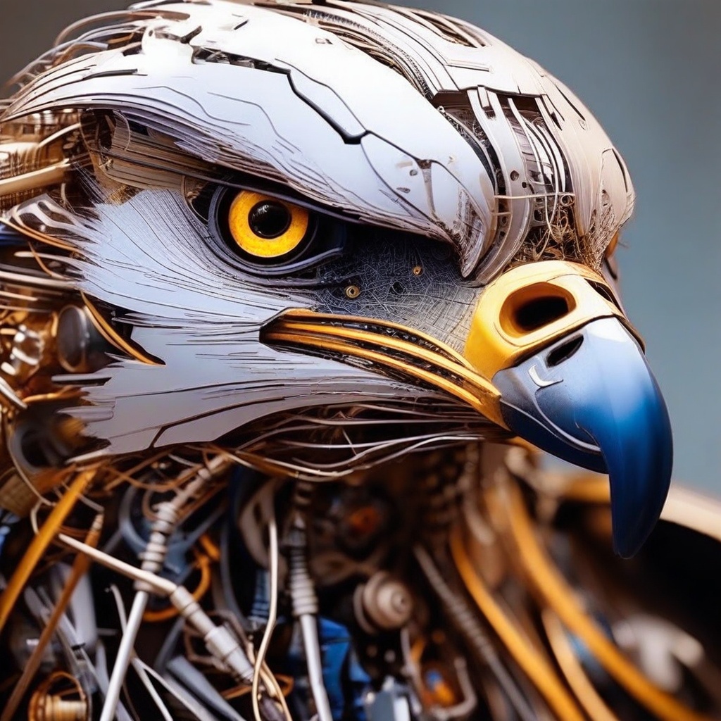 A close-up shot of a cybernetic bird,  its golden-yellow eyes gleaming like those of an eagle,  with intricate irises and...