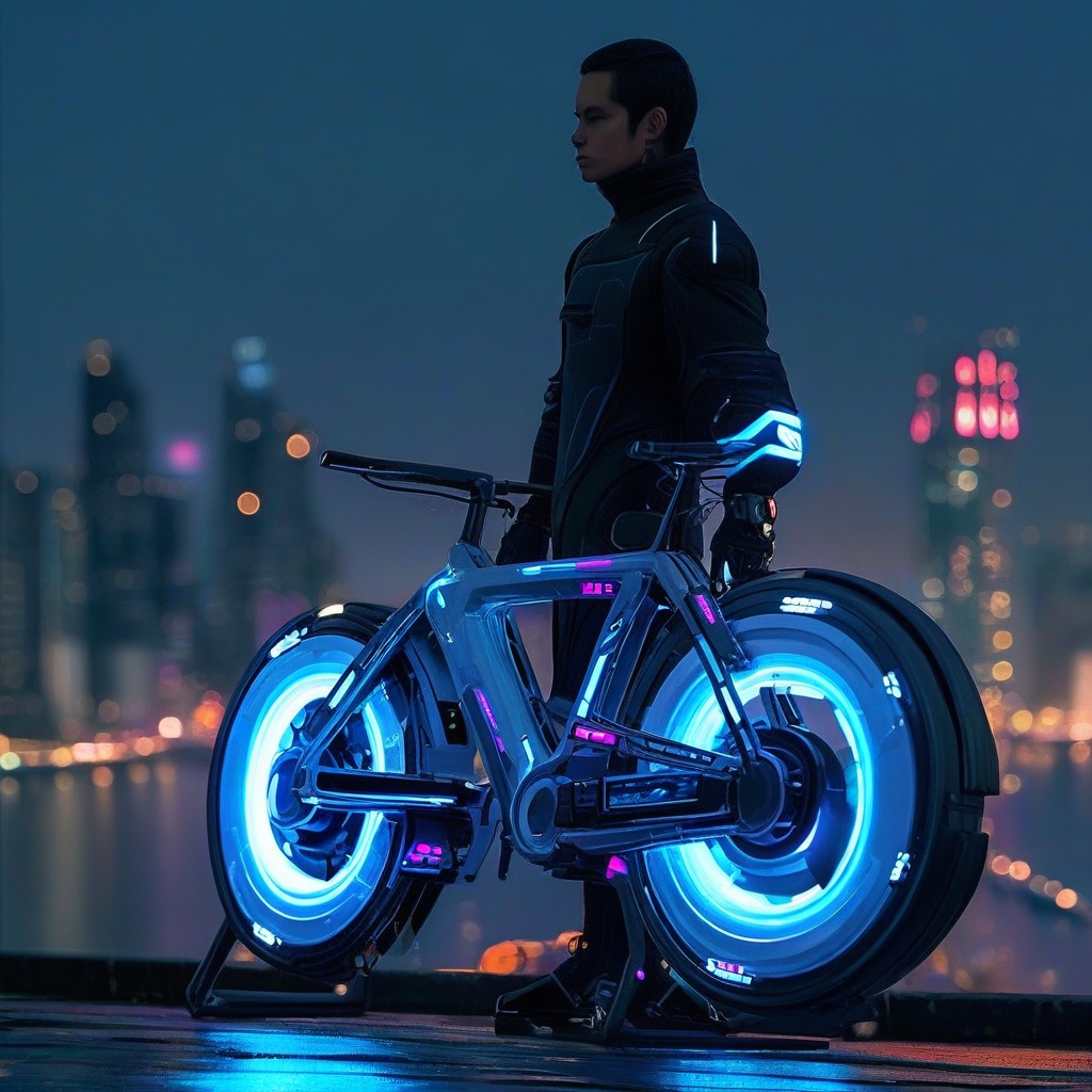 A sleek,  cybernetic bike glows with neon blue accents against a dark,  metropolitan cityscape at dusk. The futuristic veh...