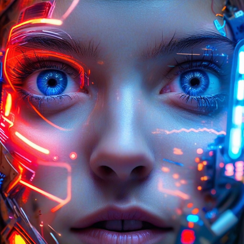 A futuristic portrait: A human face with cybernetic enhancements,  centered in the frame,  dominates the composition. The...