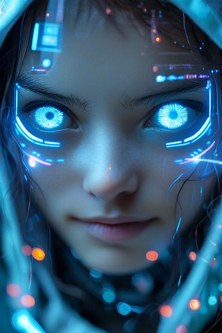 Portrait of beautiful cybernetic hacker lit by the soft glow of holographic interfaces and the eerie blue light of cyberne...