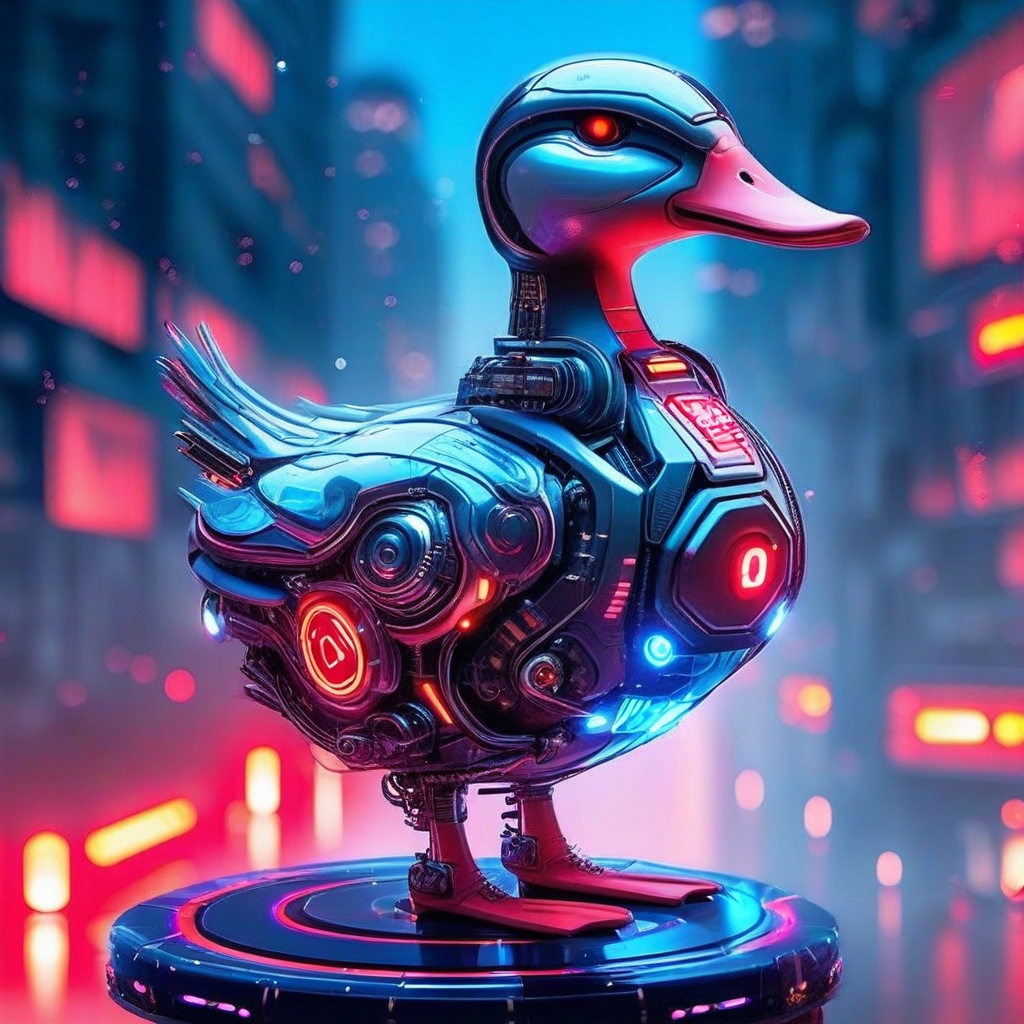A futuristic scene: a cybernetic duck,  its feathers replaced by metallic plating,  perches on a sleek on Tensor.Art