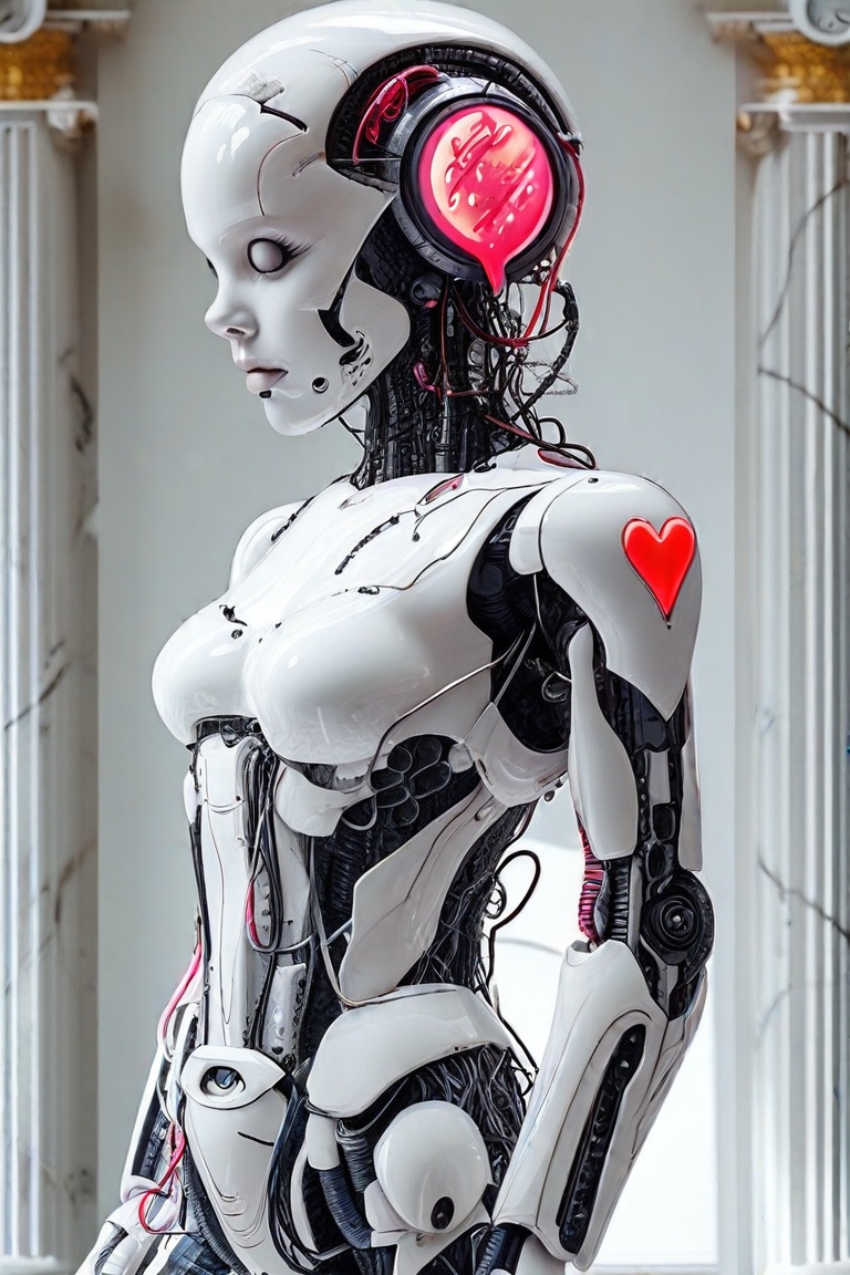 A full-body photo of a super realistic cybernetic fashion cyborg woman,  standing confidently in front of a pristine white...