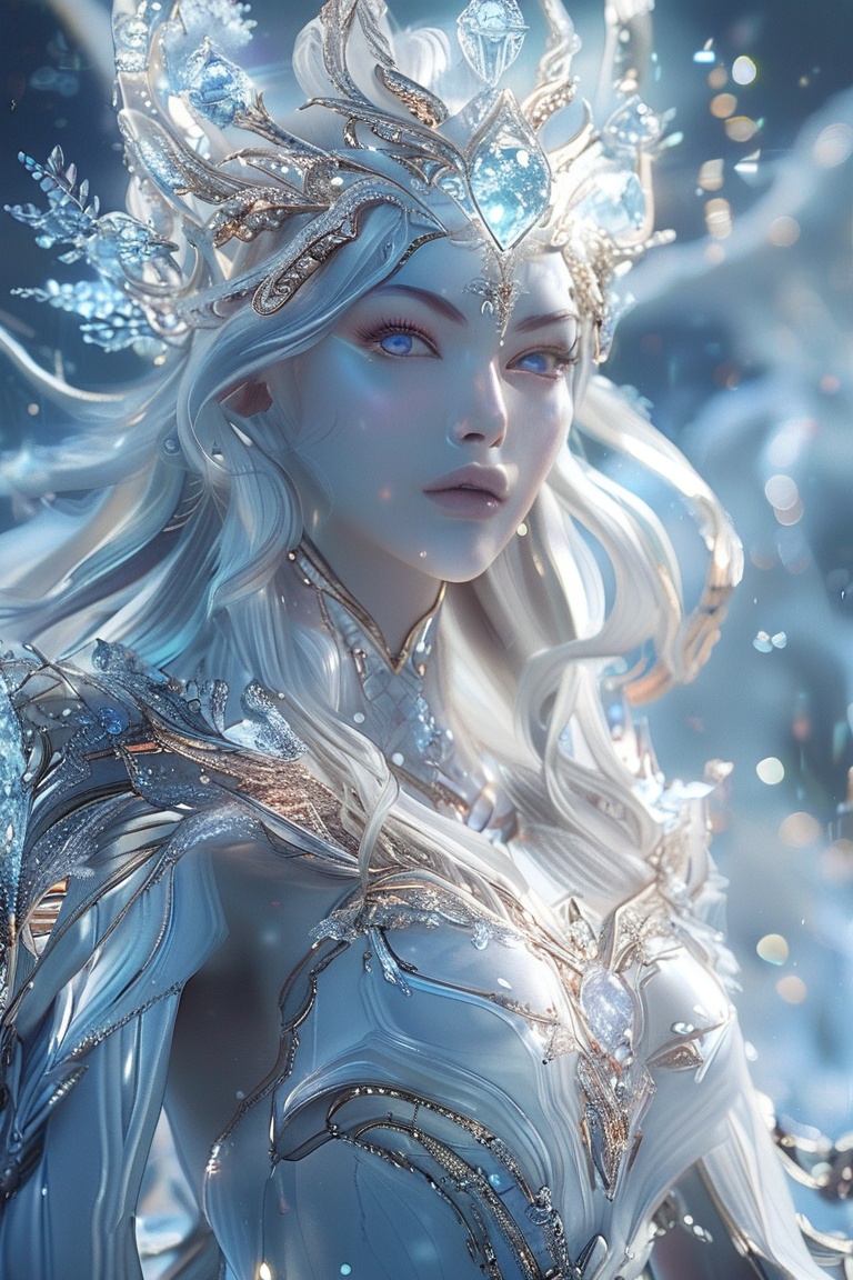 A majestic Ice Goddess stands tall amidst a snow-covered wonderland,  her piercing eyes shining like stars against the sof...