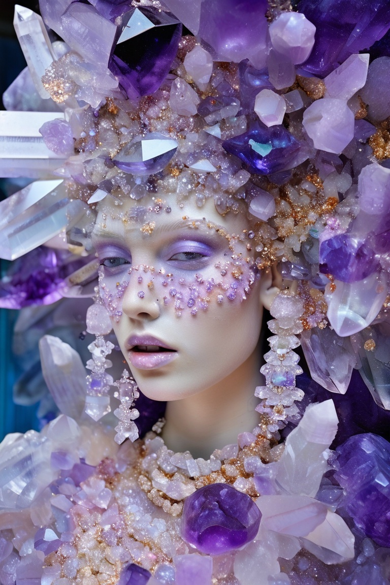 beautiful woman made of clear quartz crystal surrounded by amethyst and tiny diamonds,  iridescent pastel colours in the s...