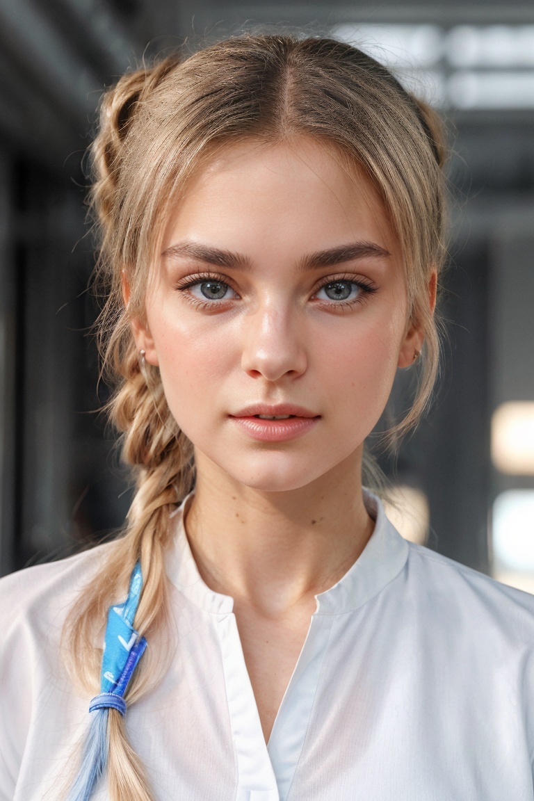 In a breathtaking 8k UHD composition,  a stunning ***** girl,  characterized by long white hair tied in a ponytail on Tens...
