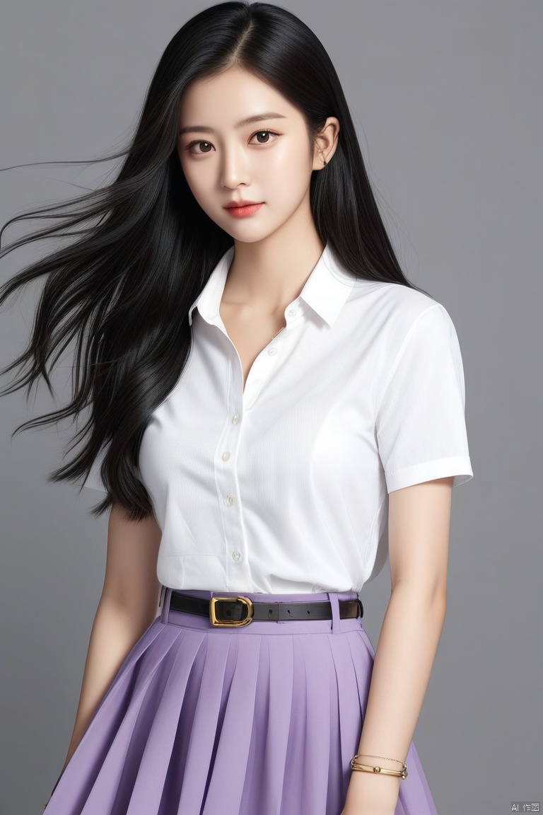 1girl, solo, long hair, looking at viewer, skirt, simple background, shirt, black hair, white shirt, short sleeves, pleated skirt, belt, grey background, black eyes, lips, purple skirt, realistic, shirt tucked in