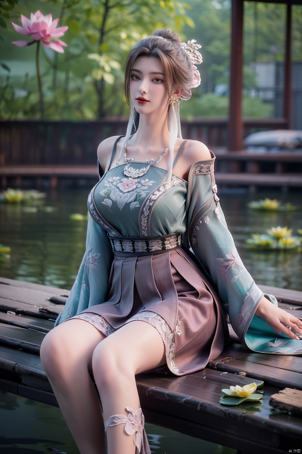  (1girl:1.1), (Lace pink-green skirt:1.39), on Stomach,aqua_earrings,Lights, lanterns, chang,(big breasts:1.56),hanfu, Best quality, Realistic, photorealistic, masterpiece, extremely detailed CG unity 8k wallpaper, best illumination, best shadow, huge filesize ,(huge breasts:1.59) incredibly absurdres, absurdres, looking at viewer, transparent, smog, gauze, vase, petals, room, ancient Chinese style, detailed background, wide shot background,
(((black hair))),(Sitting on the lotus pond porch:1.49) ,(A pond full of pink lotus flowers:1.5),close up of 1girl,Hairpins,hair ornament,hair wings,slim,narrow waist,perfect eyes,beautiful perfect face,pleasant smile,perfect female figure,detailed skin,charming,alluring,seductive,erotic,enchanting,delicate pattern,detailed complex and rich exquisite clothing detail,delicate intricate fabrics,
Morning Serenade In the gentle morning glow, (a woman in a pink lotus-patterned Hanfu stands in an indoor courtyard:1.36),(Chinese traditional dragon and phoenix embroidered Hanfu:1.3), admiring the tranquil garden scenery. The lotus-patterned Hanfu, embellished with silver-thread embroidery, is softly illuminated by the morning light. The light mint green Hanfu imparts a sense of calm and freshness, adorned with delicate lotus patterns, with a blurred background to enhance the peaceful atmosphere, song_hanfu, tang_hanfu,Xtianhuxiaobai