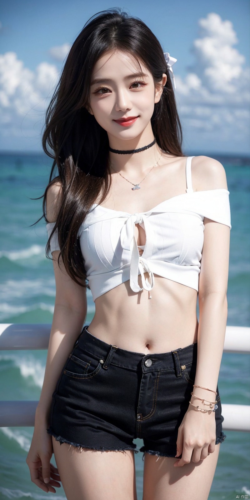  cowboy_shot,(Good structure), DSLR Quality,Short skirt,Blue sky, white clouds, ocean, nai3, 1girl, solo, crop top, , choker, navel, shirt, midriff, crop top overhang, looking at viewer, white shirt, jewelry, breasts, bare shoulders, off-shoulder shirt, off shoulder, black choker, thighs, stomach, long hair, bracelet, short sleeves, ribbon, hand up, collarbone, hair ribbon, medium breasts, , bra strap, , hair ornament, thigh gap, necklace, expressionless, , ,kind smile,jinzhixiu