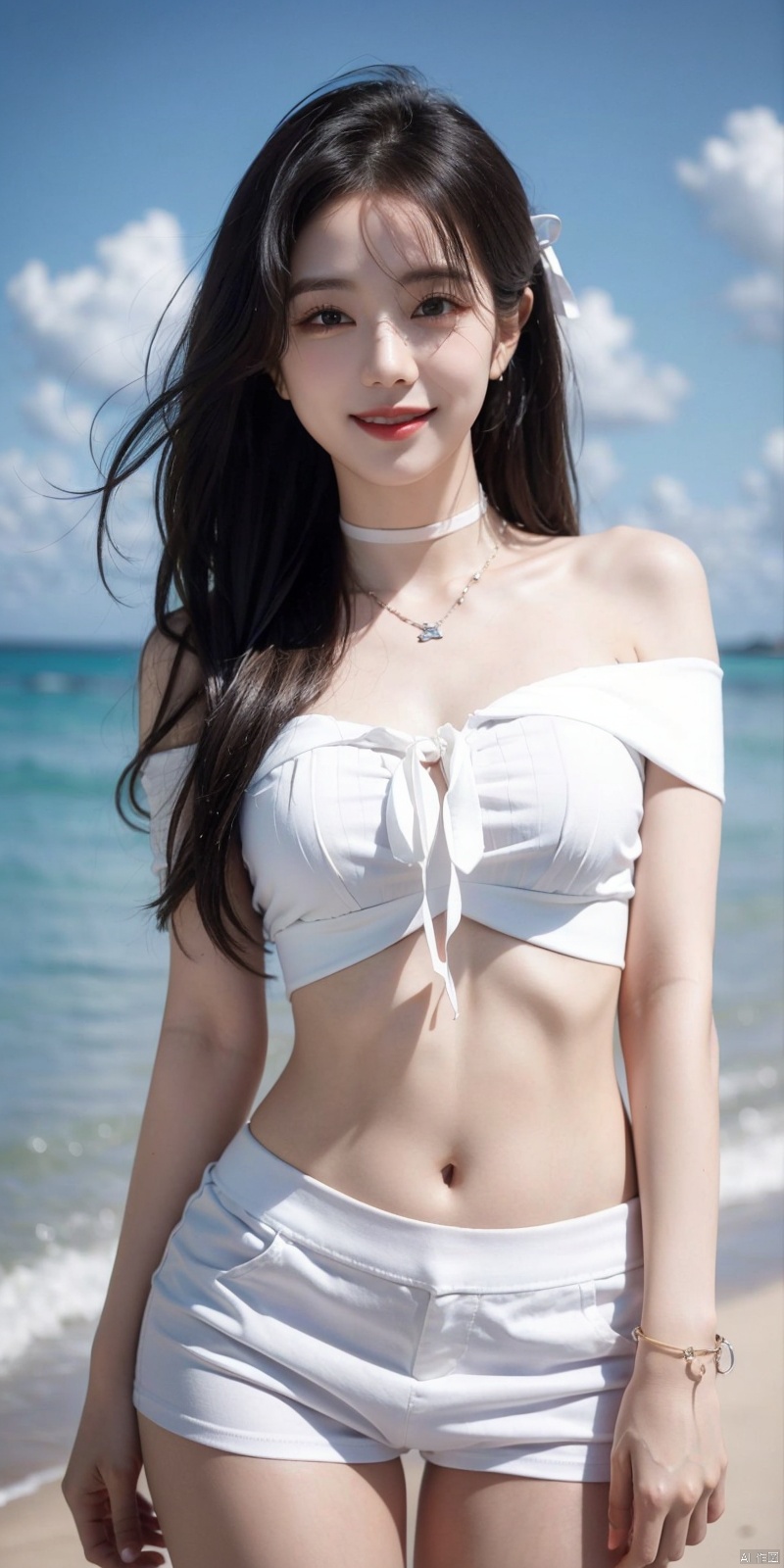  cowboy_shot,(Good structure), DSLR Quality,Short skirt,Blue sky, white clouds, ocean, nai3, 1girl, solo, crop top, , choker, navel, shirt, midriff, crop top overhang, looking at viewer, white shirt, jewelry, breasts, bare shoulders, off-shoulder shirt, off shoulder, black choker, thighs, stomach, long hair, bracelet, short sleeves, ribbon, hand up, collarbone, hair ribbon, medium breasts, , bra strap, , hair ornament, thigh gap, necklace, expressionless, , ,kind smile,jinzhixiu