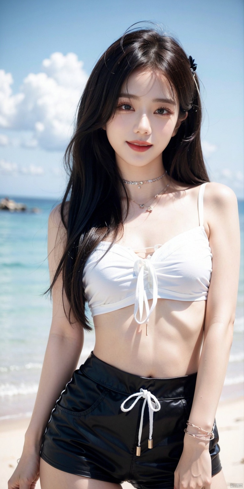  cowboy_shot,(Good structure), DSLR Quality,Short skirt,Blue sky, white clouds, ocean, nai3, 1girl, solo, crop top, , choker, navel, shirt, midriff, crop top overhang, looking at viewer, white shirt, jewelry, breasts, bare shoulders, off-shoulder shirt, off shoulder, black choker, thighs, stomach, long hair, bracelet, short sleeves, ribbon, hand up, collarbone, hair ribbon, medium breasts, , bra strap, , hair ornament, thigh gap, necklace, expressionless, , ,kind smile,jinzhixiu