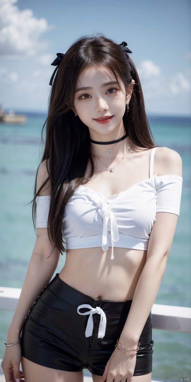  cowboy_shot,(Good structure), DSLR Quality,Short skirt,Blue sky, white clouds, ocean, nai3, 1girl, solo, crop top, , choker, navel, shirt, midriff, crop top overhang, looking at viewer, white shirt, jewelry, breasts, bare shoulders, off-shoulder shirt, off shoulder, black choker, thighs, stomach, long hair, bracelet, short sleeves, ribbon, hand up, collarbone, hair ribbon, medium breasts, , bra strap, , hair ornament, thigh gap, necklace, expressionless, , ,kind smile,jinzhixiu