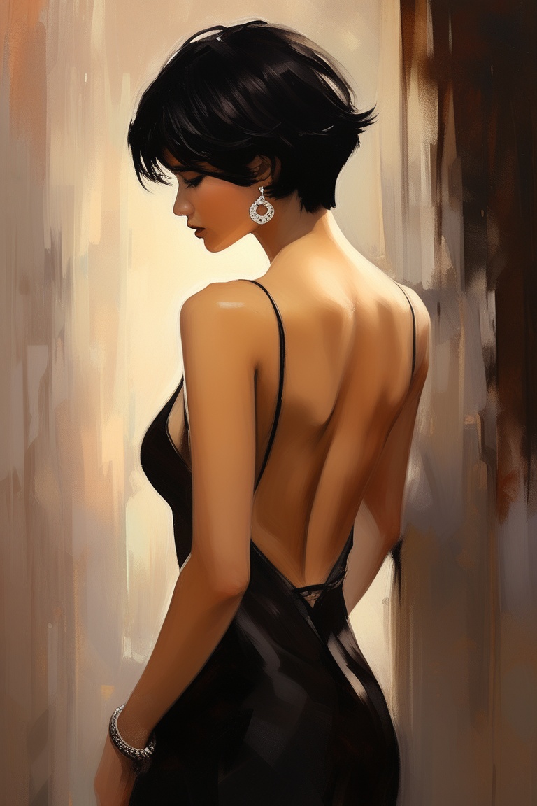 A sensual oil painting of a young woman with short,  raven-black hair and hoop earrings,  her bare back gleaming in warm l...