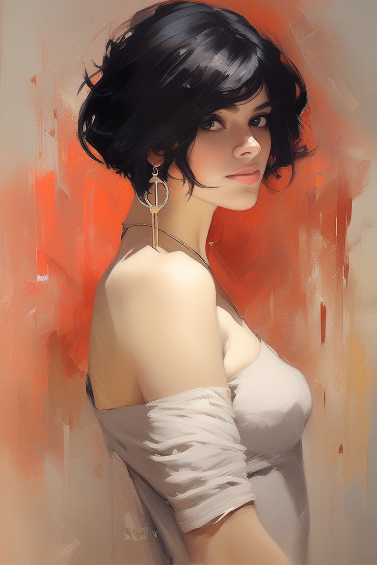 A sensual oil painting of a young woman with short,  raven-black hair and hoop earrings,  her bare back gleaming in warm l...