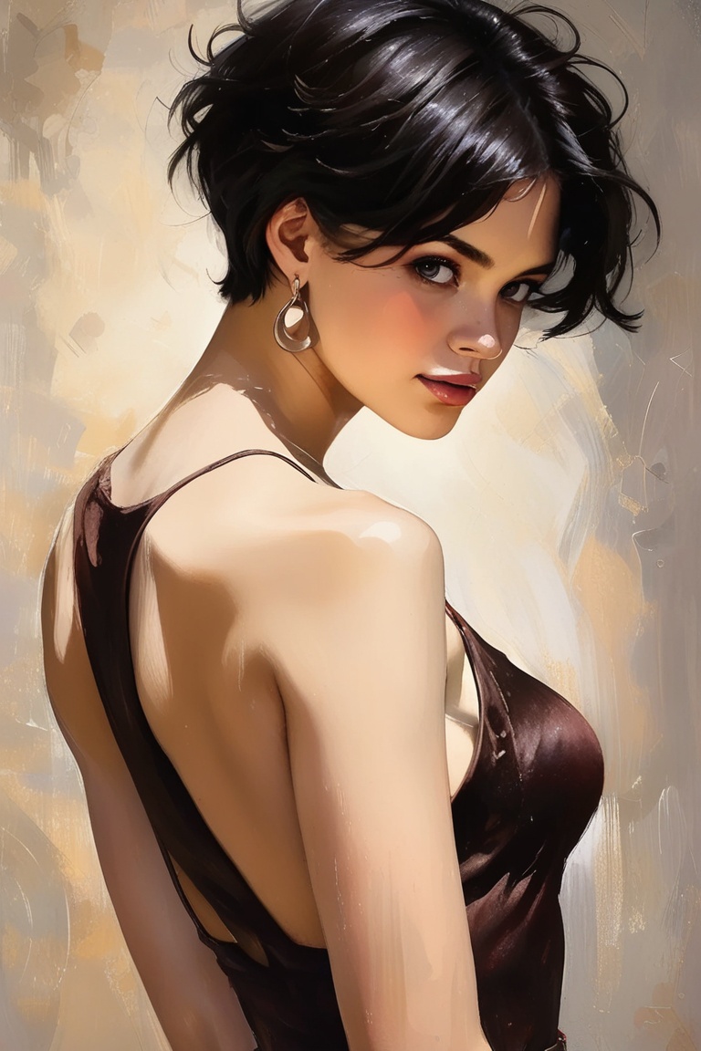 A sensual oil painting of a young woman with short,  raven-black hair and hoop earrings,  her bare back gleaming in warm l...