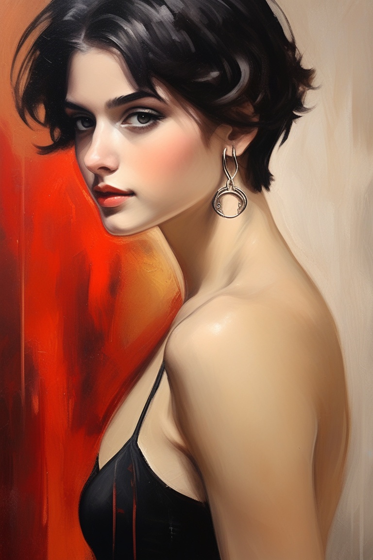 A sensual oil painting of a young woman with short,  raven-black hair and hoop earrings,  her bare back gleaming in warm l...