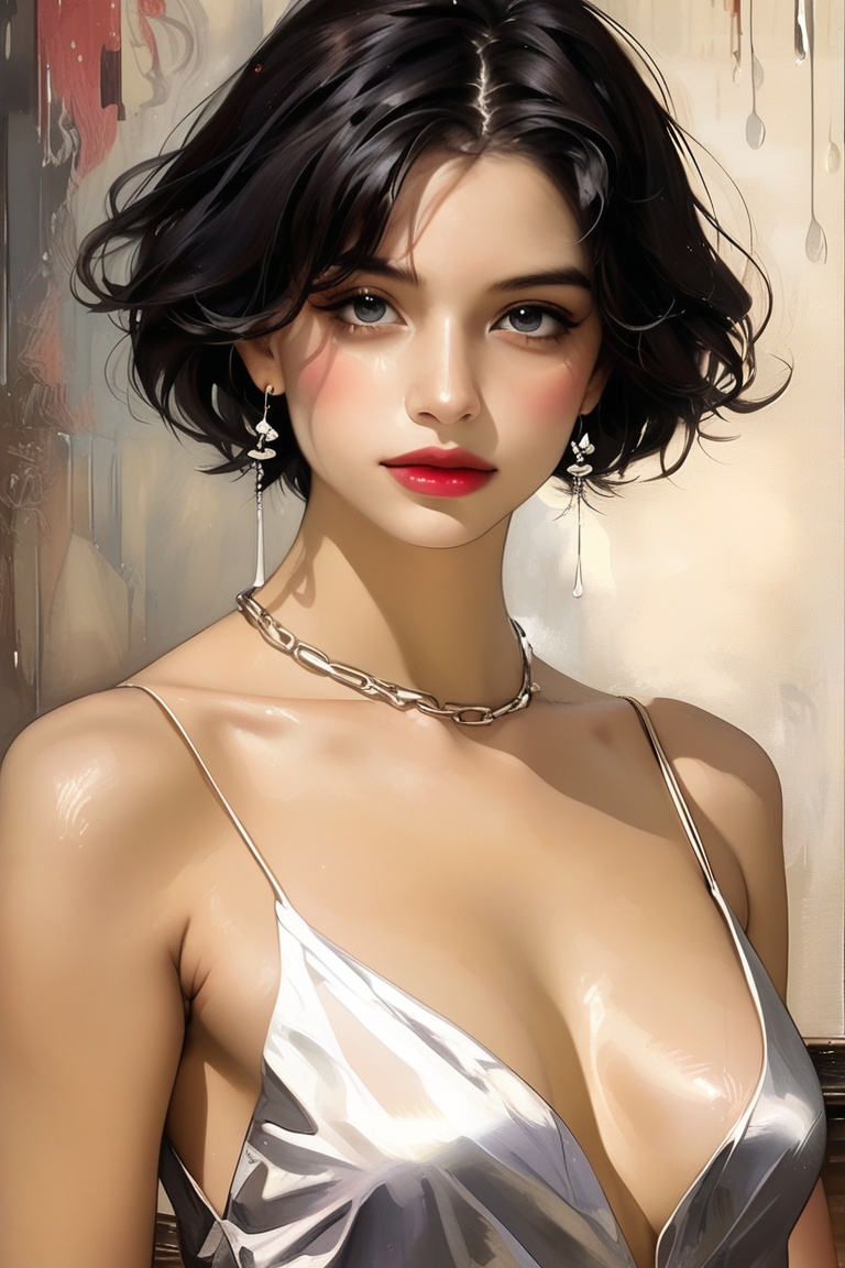 A sensual oil painting of a young woman with short,  raven-black hair and hoop earrings,  her bare back gleaming in warm l...