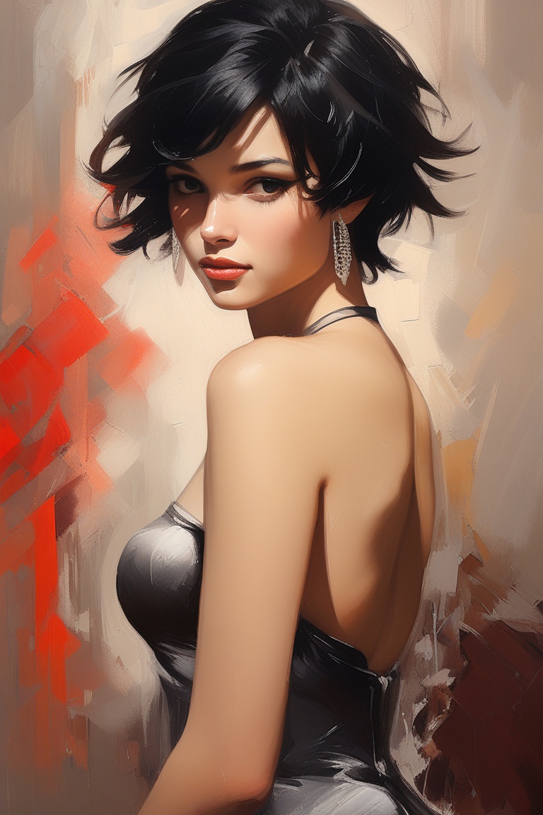 A sensual oil painting of a young woman with short,  raven-black hair and hoop earrings,  her bare back gleaming in warm l...