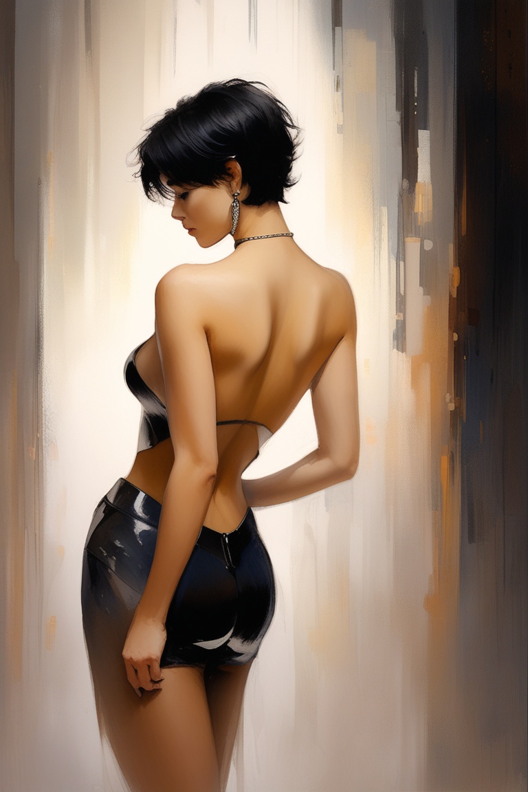 A sensual oil painting of a young woman with short,  raven-black hair and hoop earrings,  her bare back gleaming in warm l...