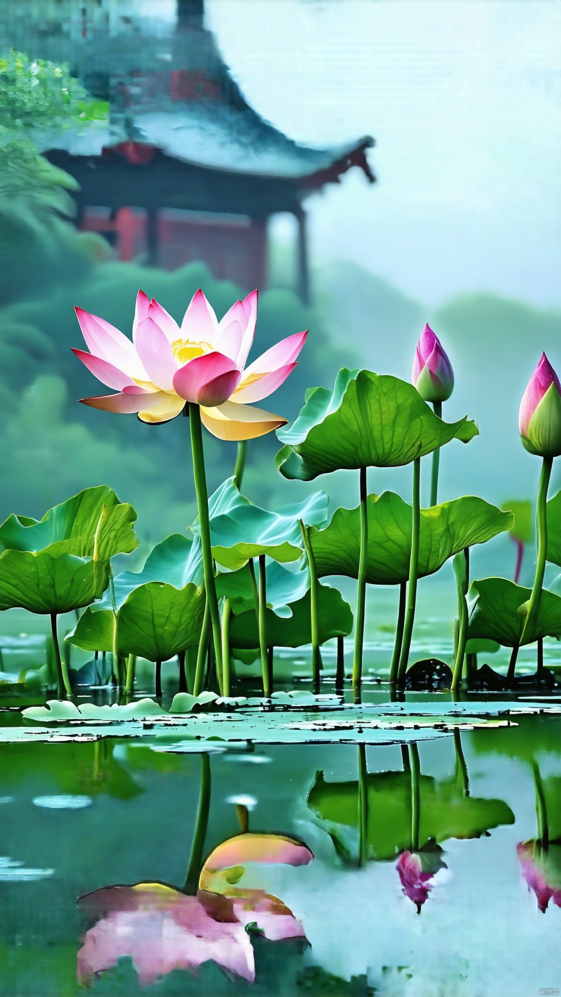 A tranquil scene featuring a Xhehua temple amidst a lotus-filled pond. The soft, natural lighting highlights the intricate details of the Xhehua architecture and the vibrant lotus flowers. The composition is centered around the reflection of the temple in the calm water, creating a serene, symmetrical image. The overall mood is peaceful and meditative, emphasizing the harmonious blend of nature and architecture.
