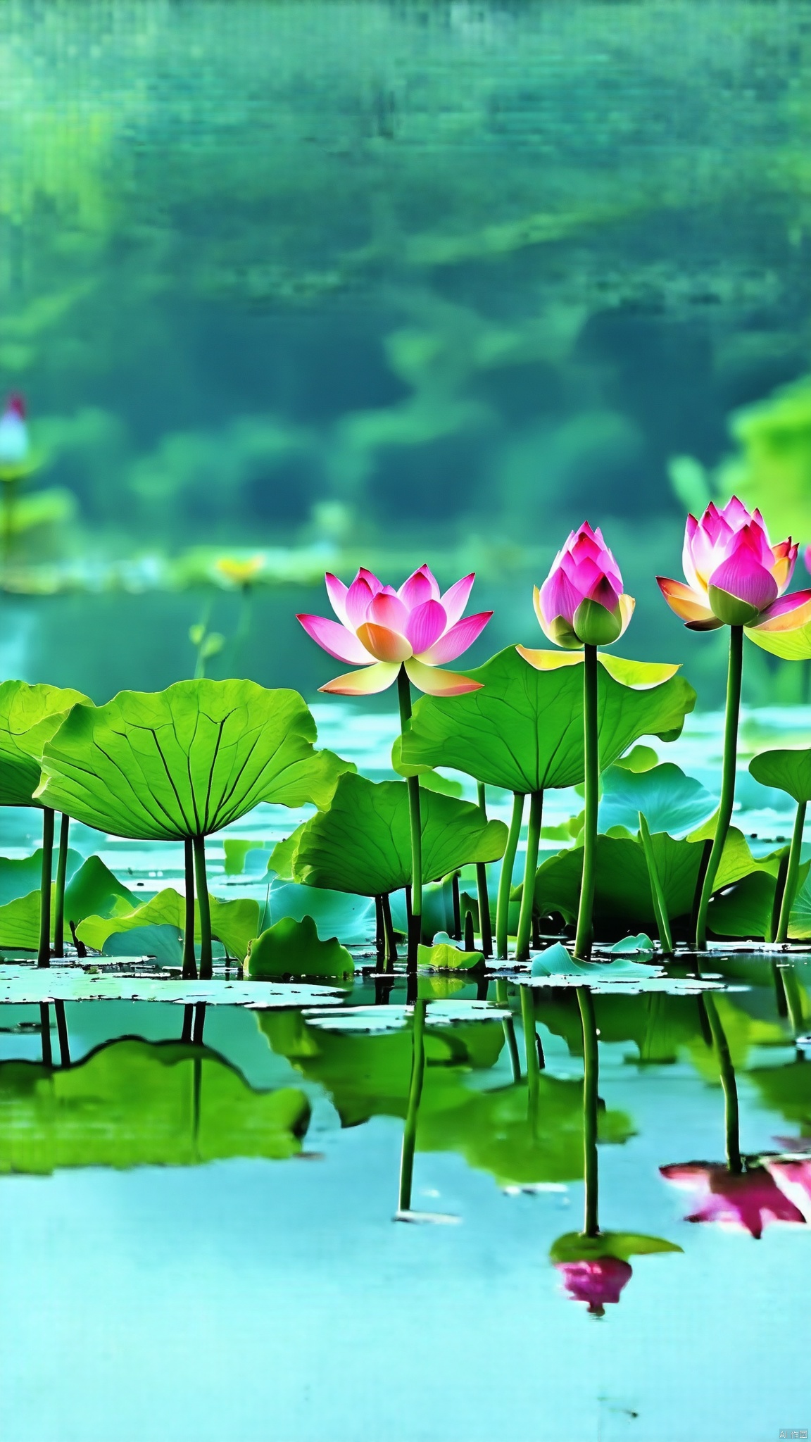 A tranquil scene featuring a Xhehua temple amidst a lotus-filled pond. The soft, natural lighting highlights the intricate details of the Xhehua architecture and the vibrant lotus flowers. The composition is centered around the reflection of the temple in the calm water, creating a serene, symmetrical image. The overall mood is peaceful and meditative, emphasizing the harmonious blend of nature and architecture.
