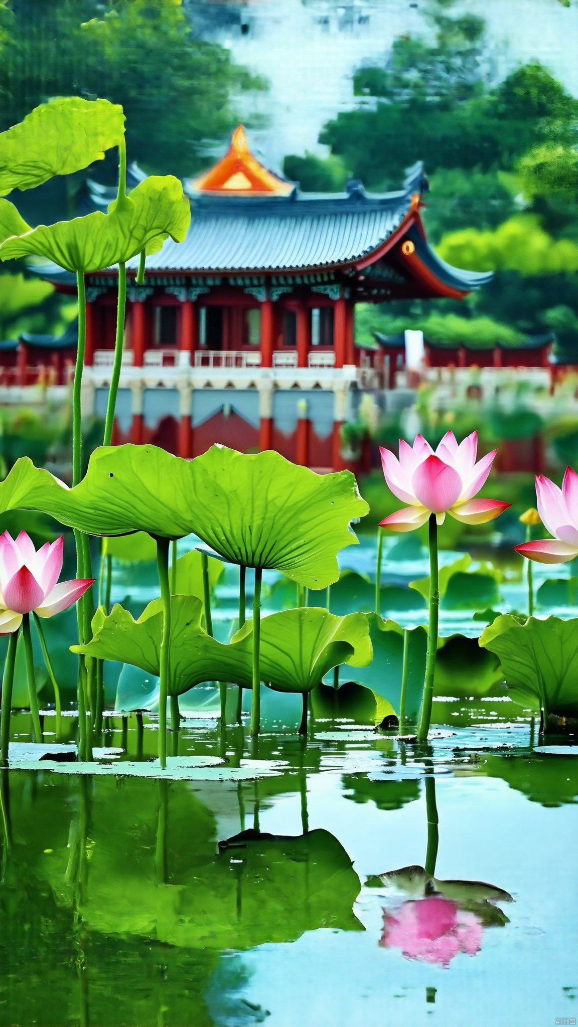 A tranquil scene featuring a Xhehua temple amidst a lotus-filled pond. The soft, natural lighting highlights the intricate details of the Xhehua architecture and the vibrant lotus flowers. The composition is centered around the reflection of the temple in the calm water, creating a serene, symmetrical image. The overall mood is peaceful and meditative, emphasizing the harmonious blend of nature and architecture.